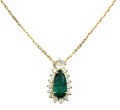 Elongated Pear Cut Emerald & Diamond Halo Pendant Necklace 18 Karat Yellow Gold