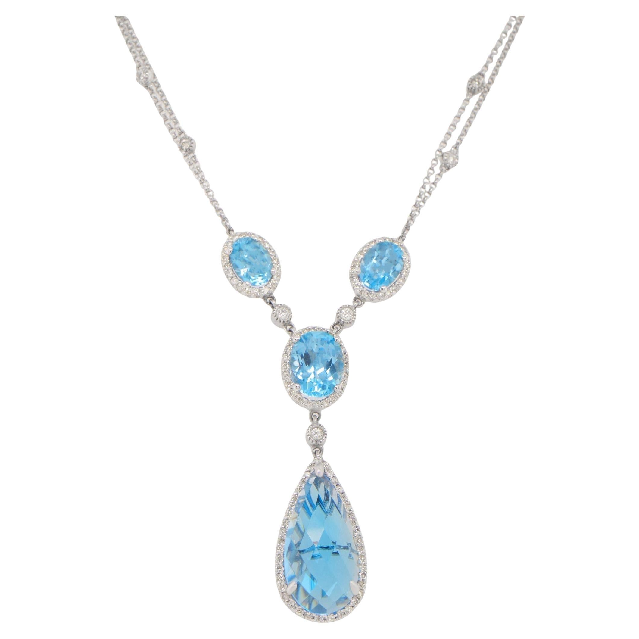 Elongated Pear Shaped Blue Topaz Necklace With Diamonds 11.8 Carats