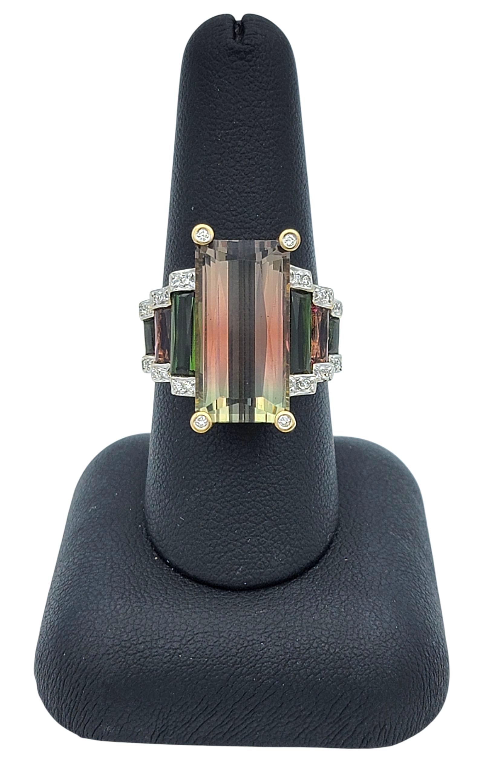 Elongated Pink and Green Bi-Color Tourmaline Cocktail Ring 18 Karat Yellow Gold For Sale 4