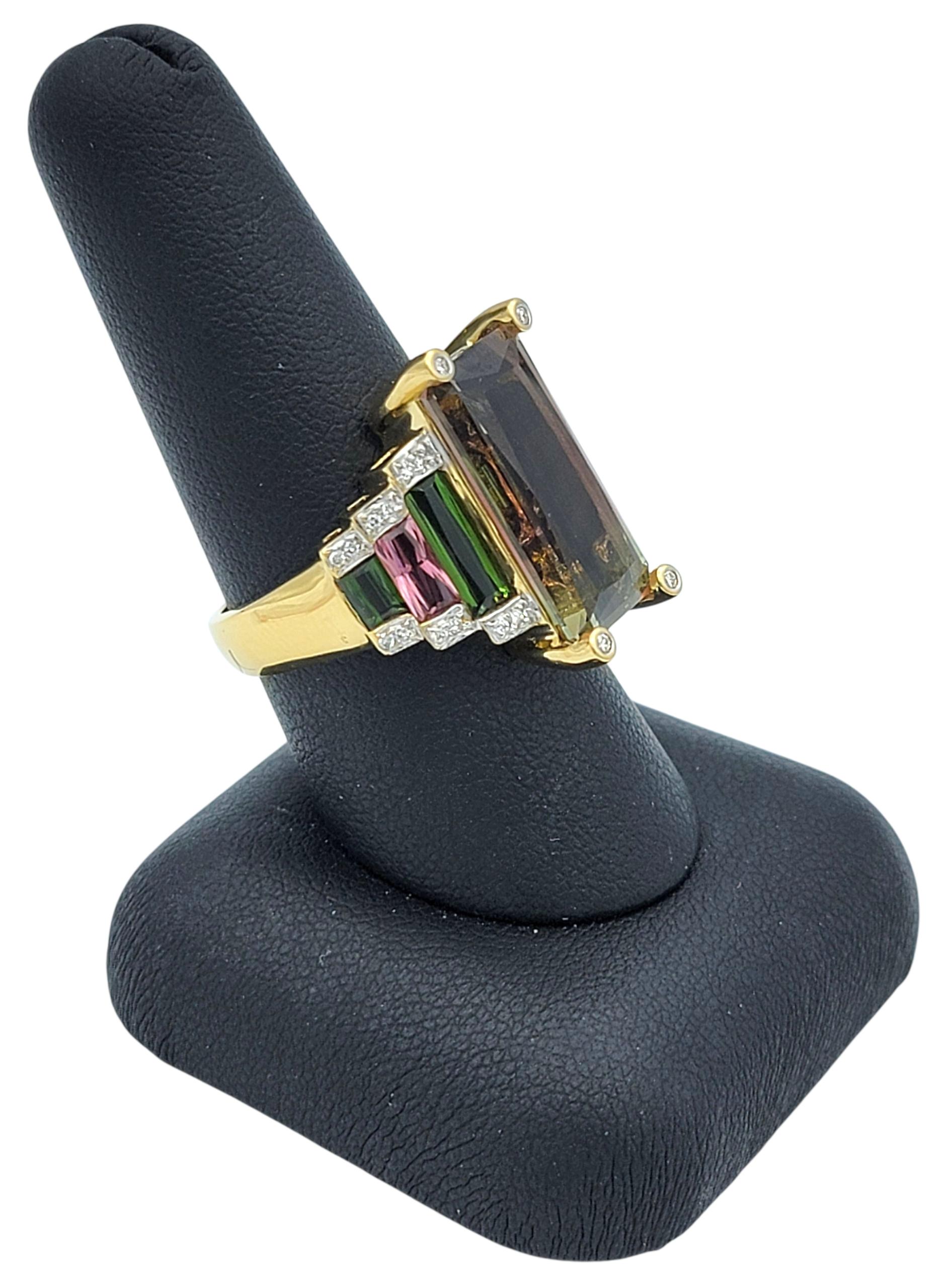 Elongated Pink and Green Bi-Color Tourmaline Cocktail Ring 18 Karat Yellow Gold For Sale 5