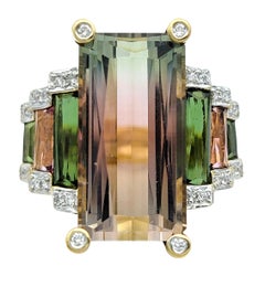 Elongated Pink and Green Bi-Color Tourmaline Cocktail Ring 18 Karat Yellow Gold