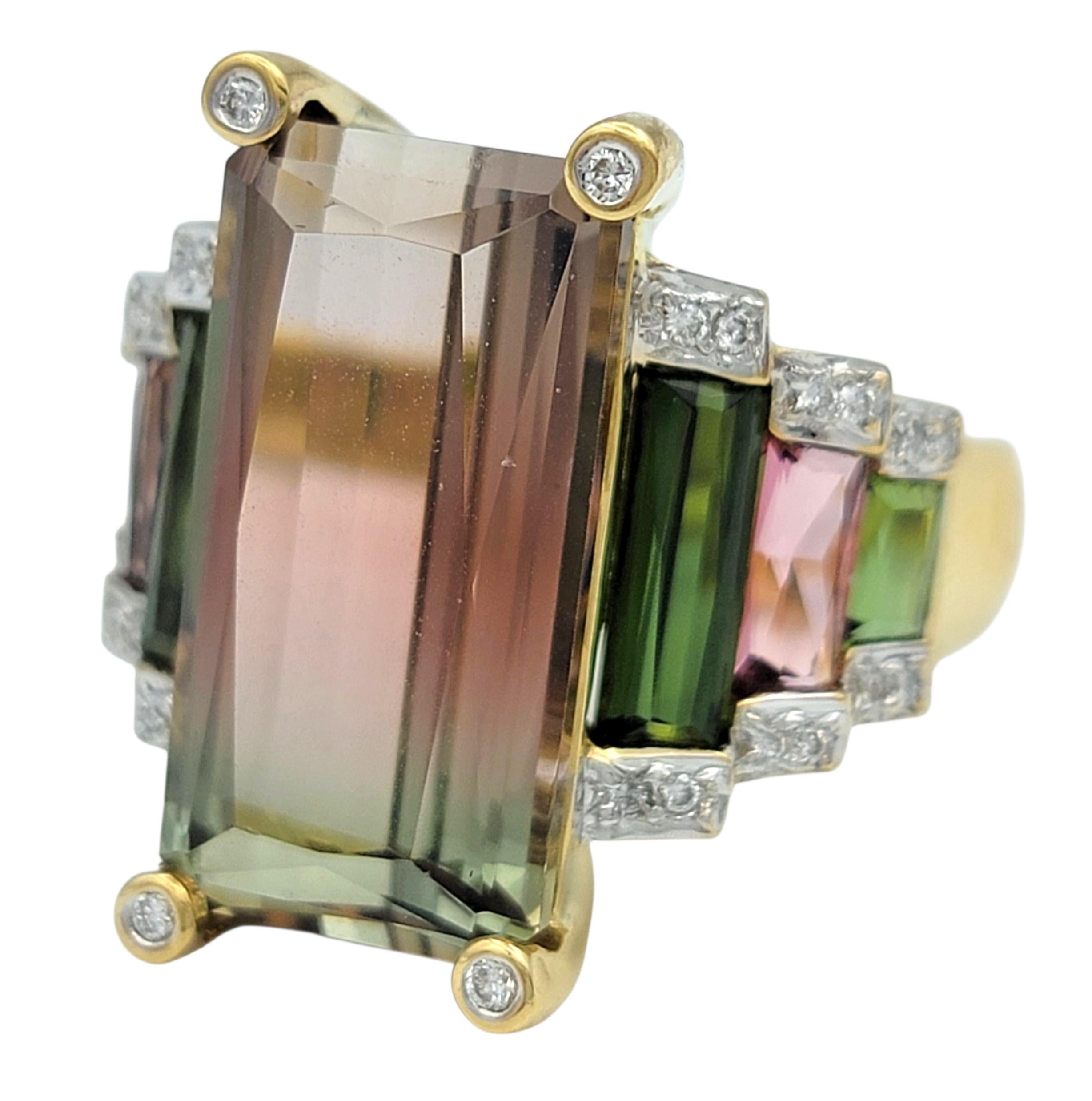 Contemporary Elongated Pink and Green Bi-Color Tourmaline Cocktail Ring 18 Karat Yellow Gold For Sale