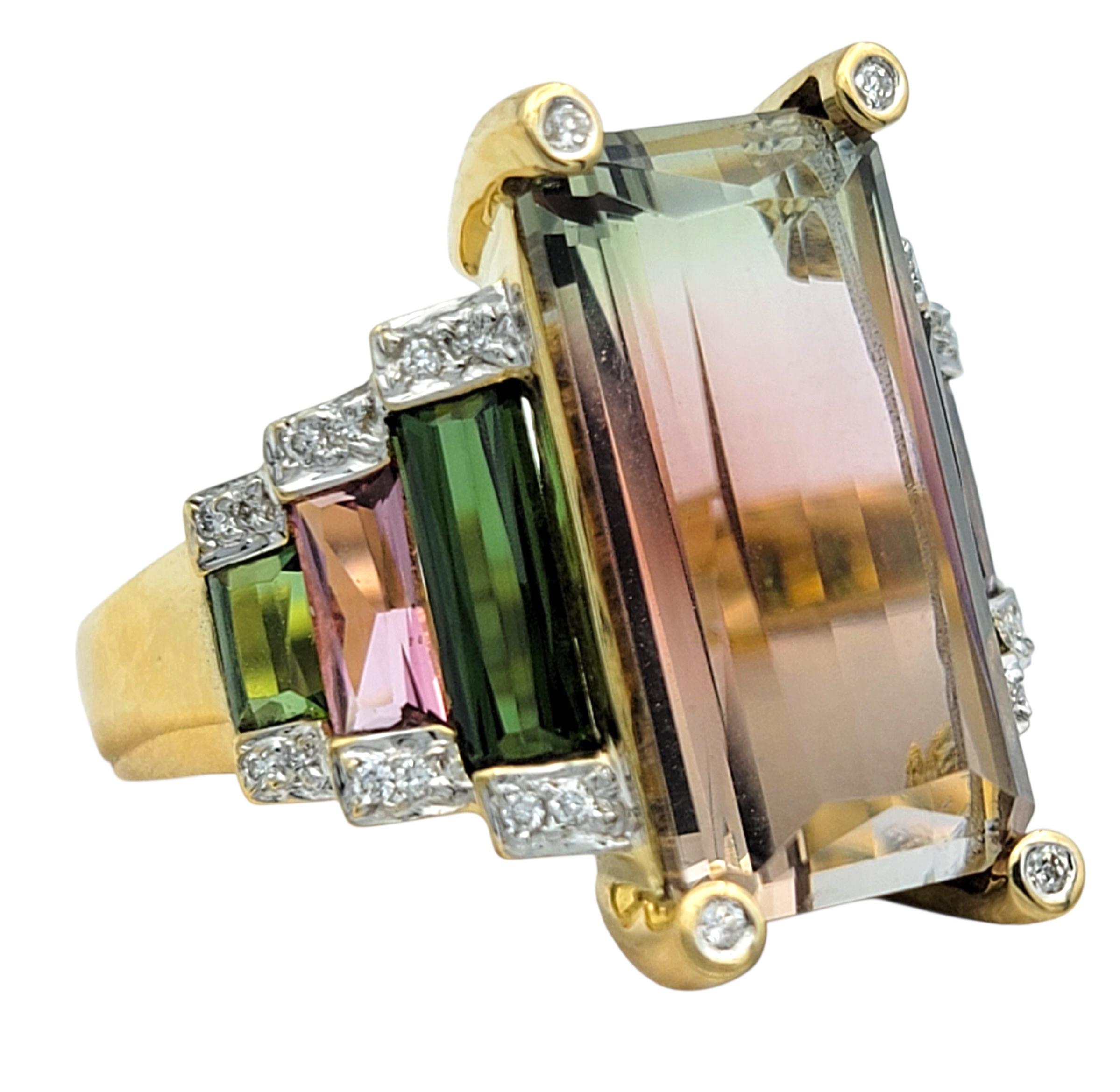 Emerald Cut Elongated Pink and Green Bi-Color Tourmaline Cocktail Ring 18 Karat Yellow Gold For Sale