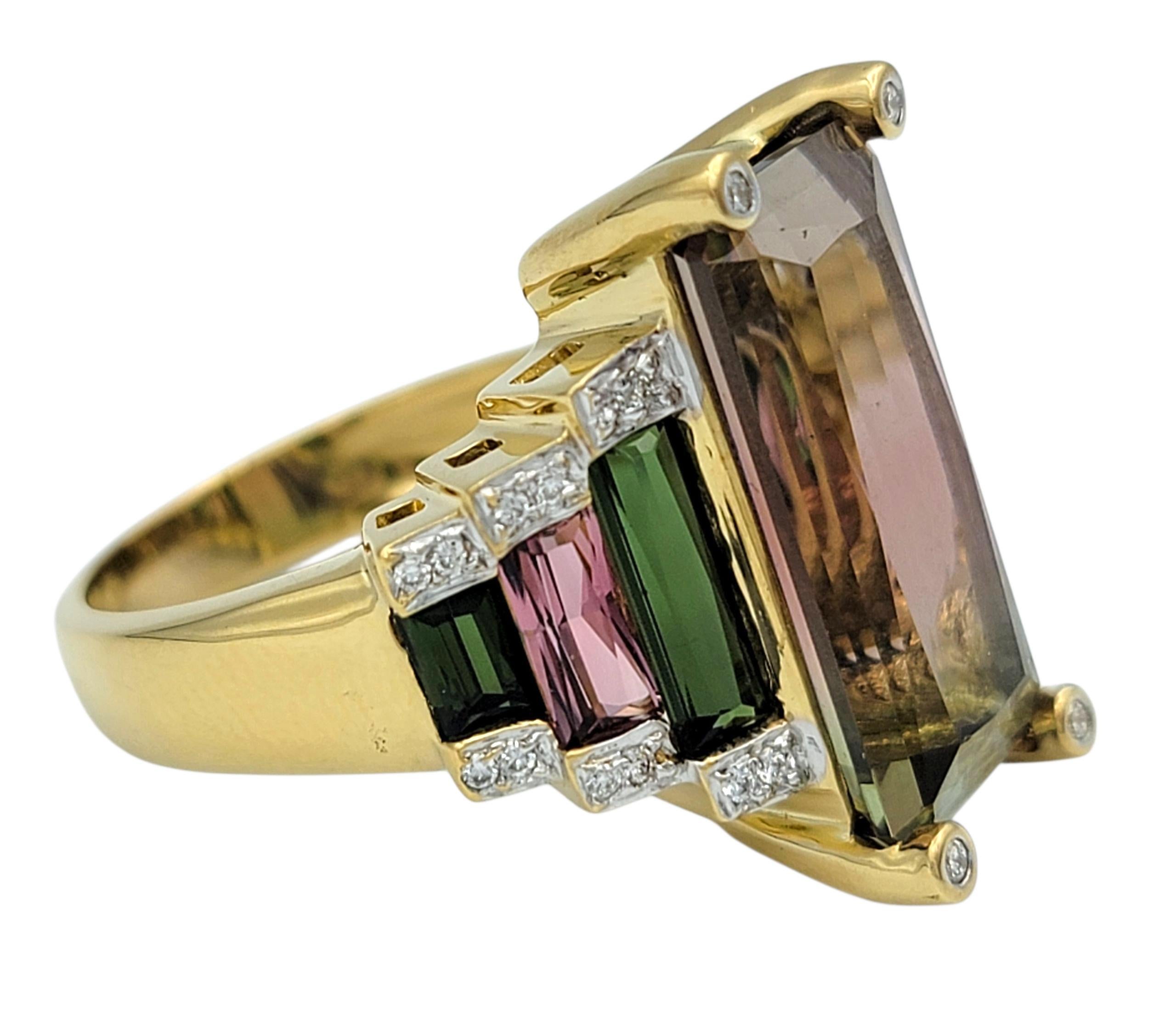 Elongated Pink and Green Bi-Color Tourmaline Cocktail Ring 18 Karat Yellow Gold In Good Condition For Sale In Scottsdale, AZ