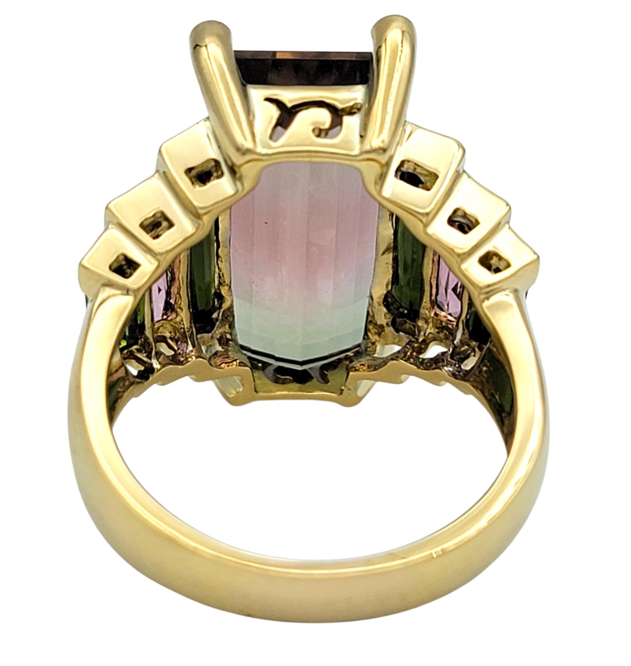 Women's Elongated Pink and Green Bi-Color Tourmaline Cocktail Ring 18 Karat Yellow Gold For Sale
