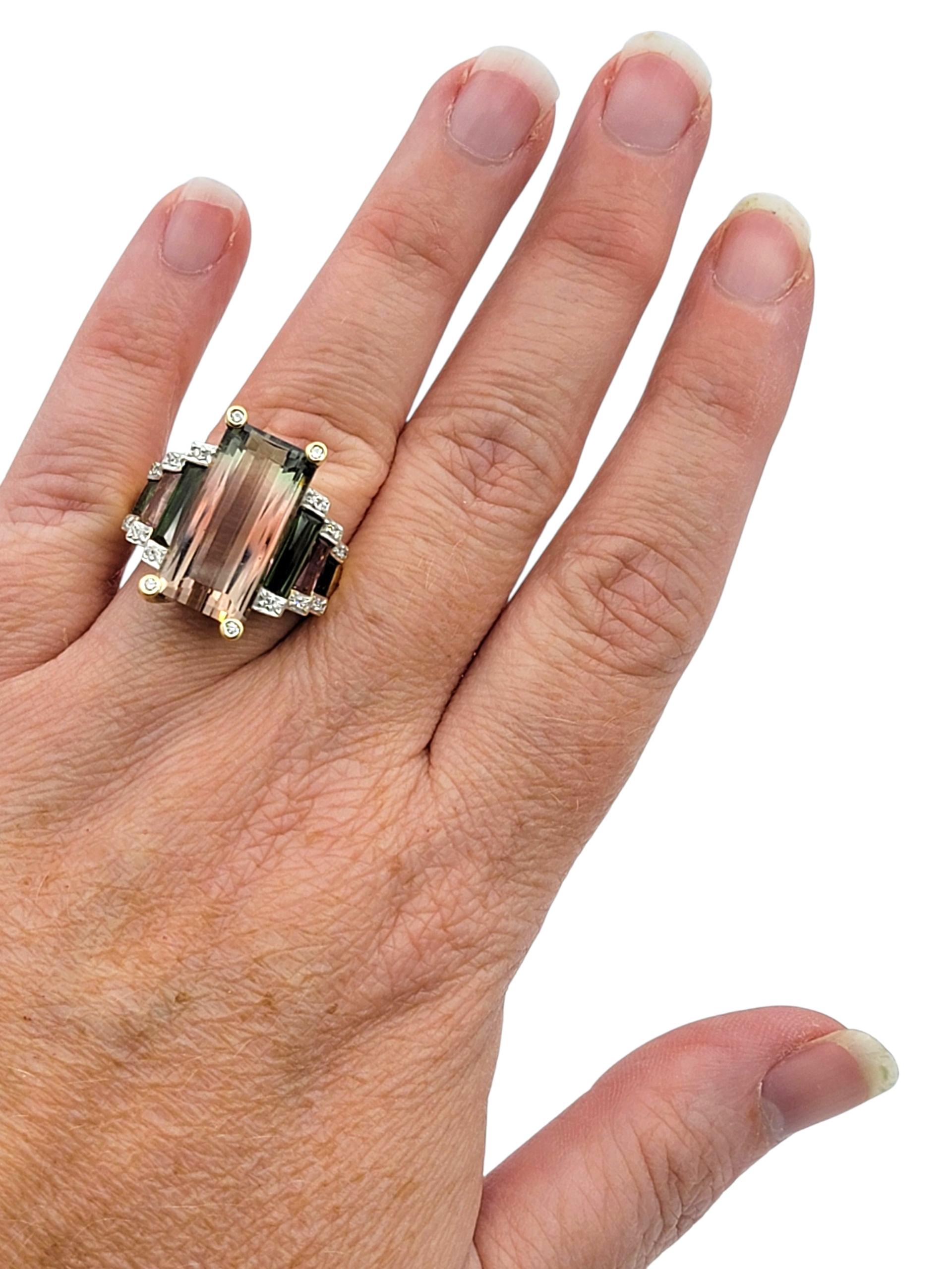 Elongated Pink and Green Bi-Color Tourmaline Cocktail Ring 18 Karat Yellow Gold For Sale 2