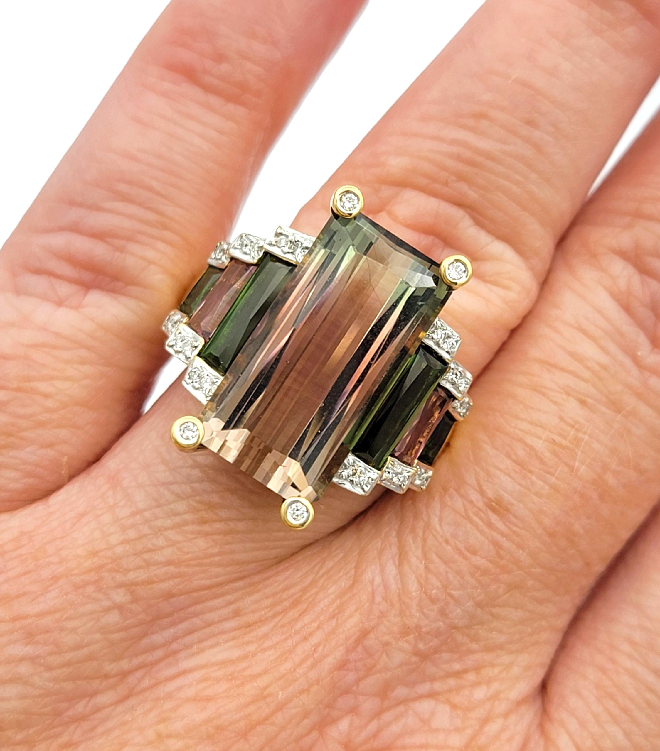 Elongated Pink and Green Bi-Color Tourmaline Cocktail Ring 18 Karat Yellow Gold For Sale 3