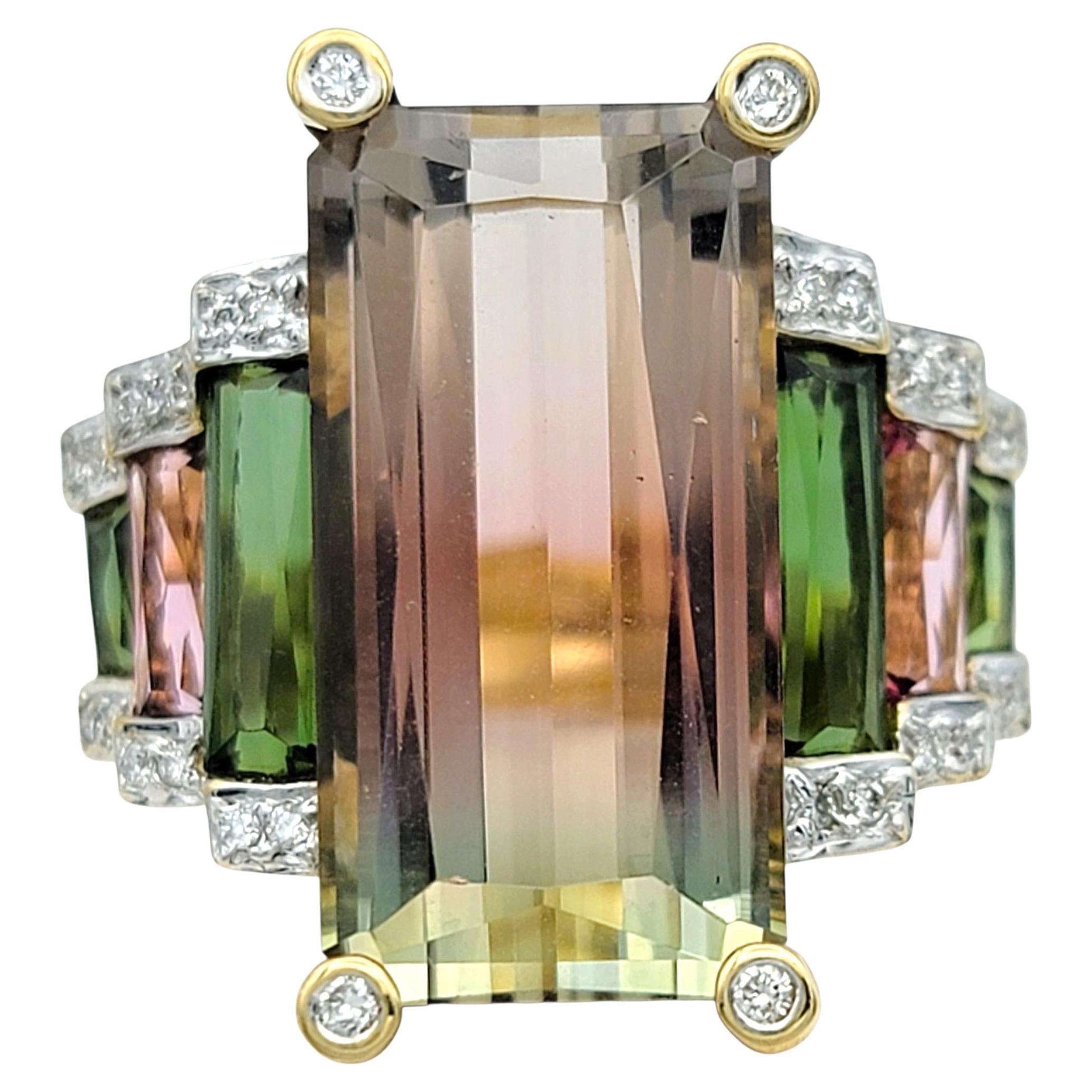 Elongated Pink and Green Bi-Color Tourmaline Cocktail Ring 18 Karat Yellow Gold For Sale