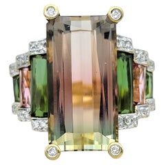 Elongated Pink and Green Bi-Color Tourmaline Cocktail Ring 18 Karat Yellow Gold