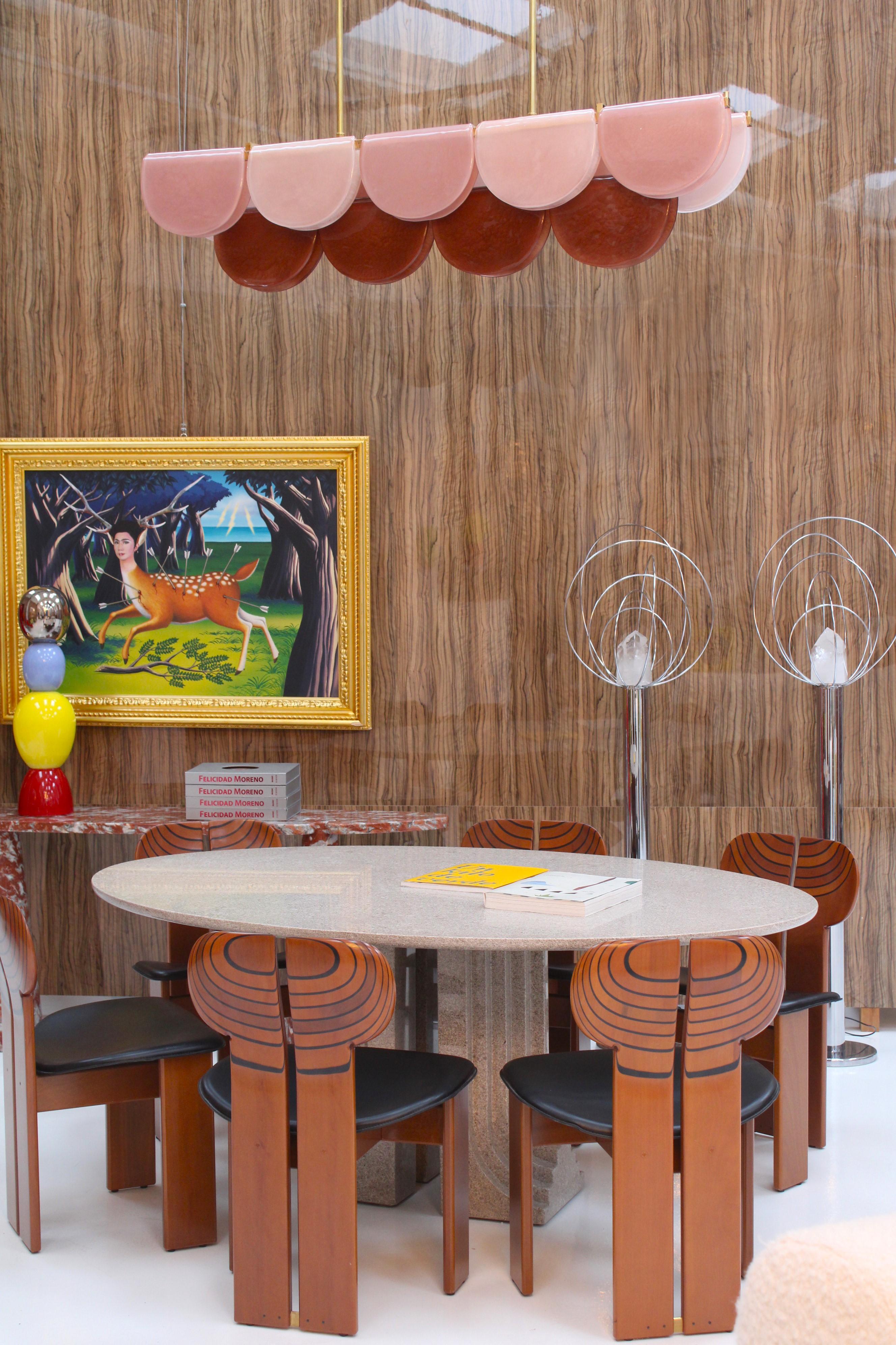 Lampada da soffitto allungata in ottone e vetro di Murano rosa rosso multicolore, Italia in vendita 3