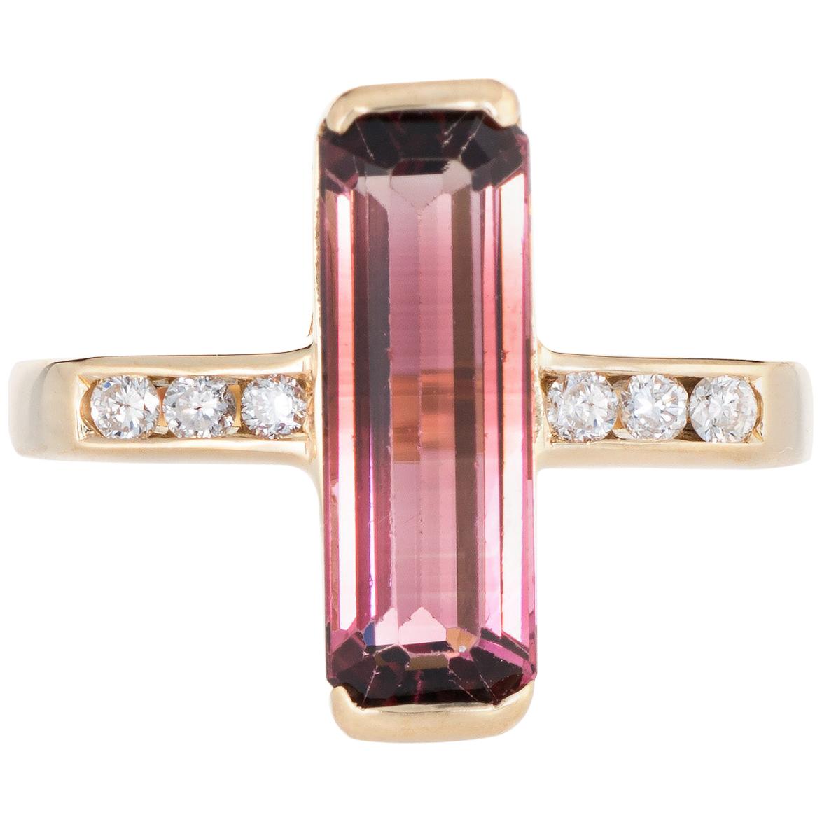 Elongated Pink Tourmaline Diamond Ring Vintage 18 Karat Gold Estate Jewelry
