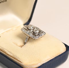 Two Stone Diamond Elongated Ring. 1TCW Old European Cut Diamond Ring Platinum