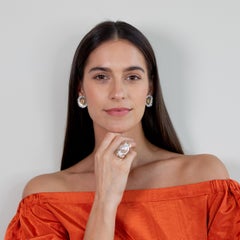 Elongated Rectangle Two-Tone Gold Pearl Ring with Diamonds