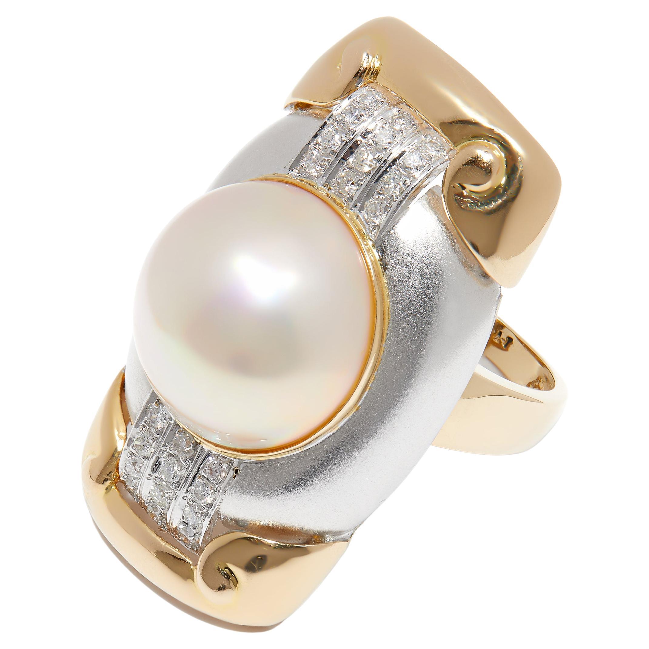 Elongated Rectangle Two-Tone Gold Pearl Ring with Diamonds For Sale