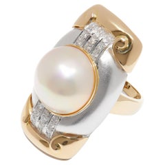 Used Elongated Rectangle Two-Tone Gold Pearl Ring with Diamonds