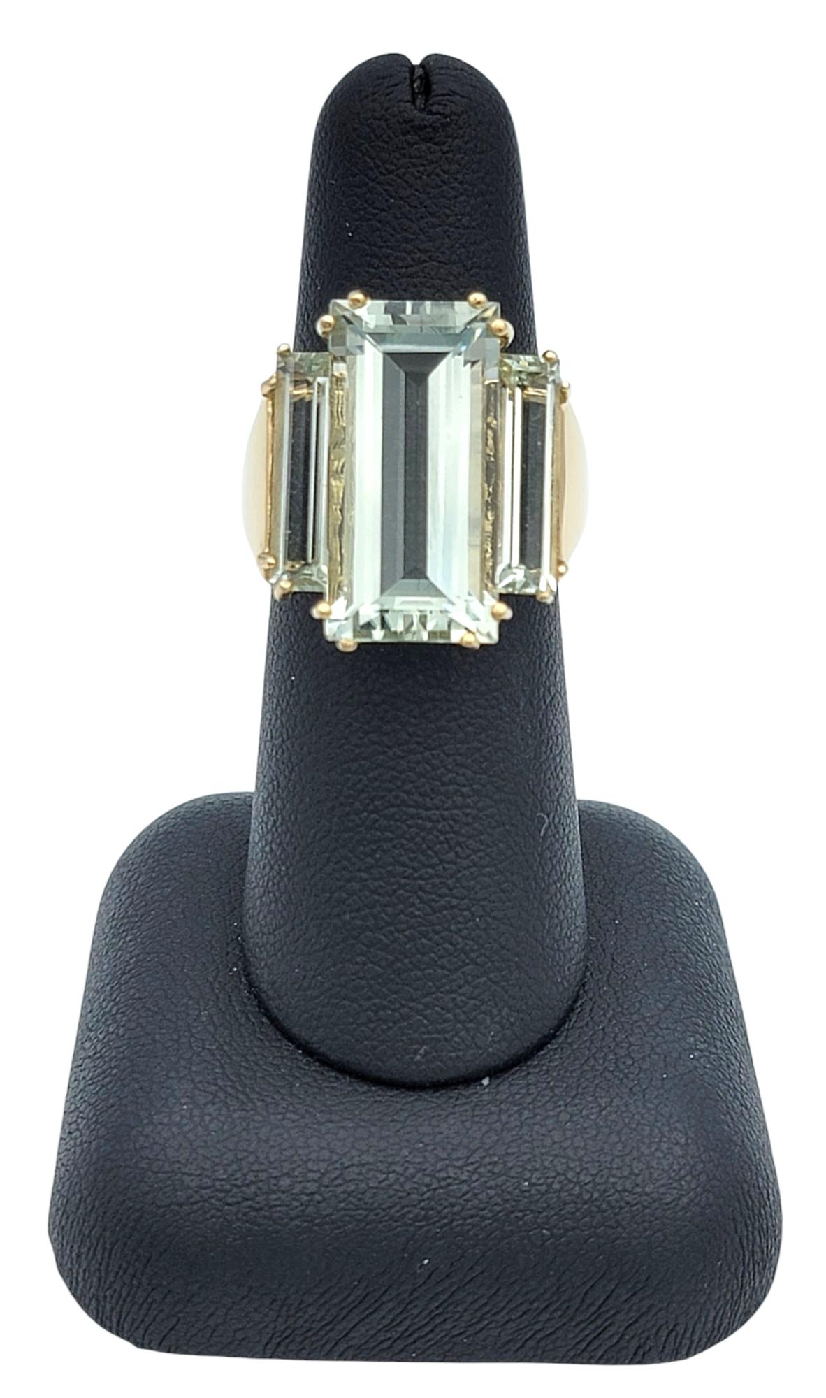 Anello da cocktail con tre pietre di prasiolite a taglio rettangolare allungato in oro 14 carati in vendita 4