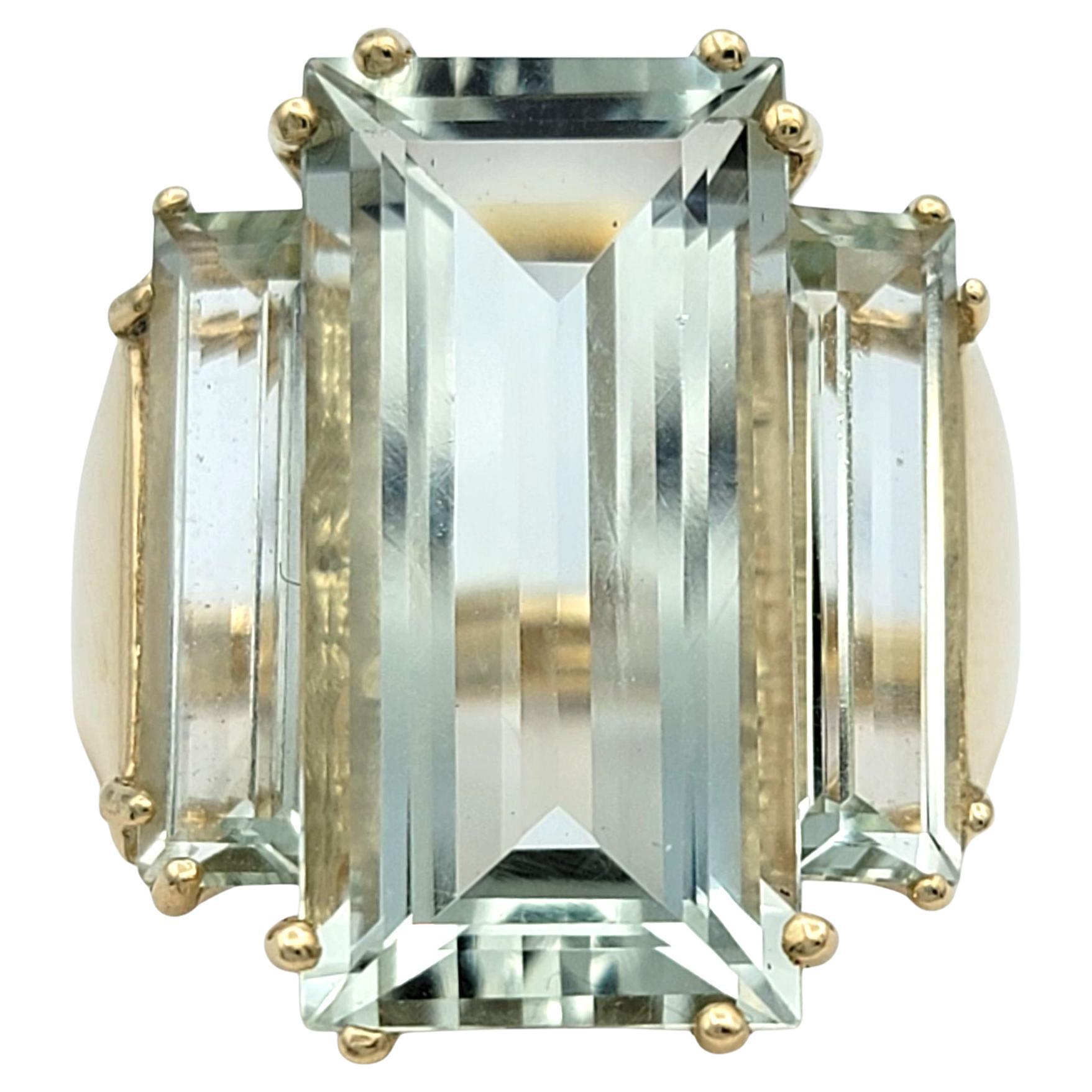 Langer rechteckiger Cocktailring mit drei Steinen aus 14 Karat Gold aus Prasiolith im rechteckigen Schliff