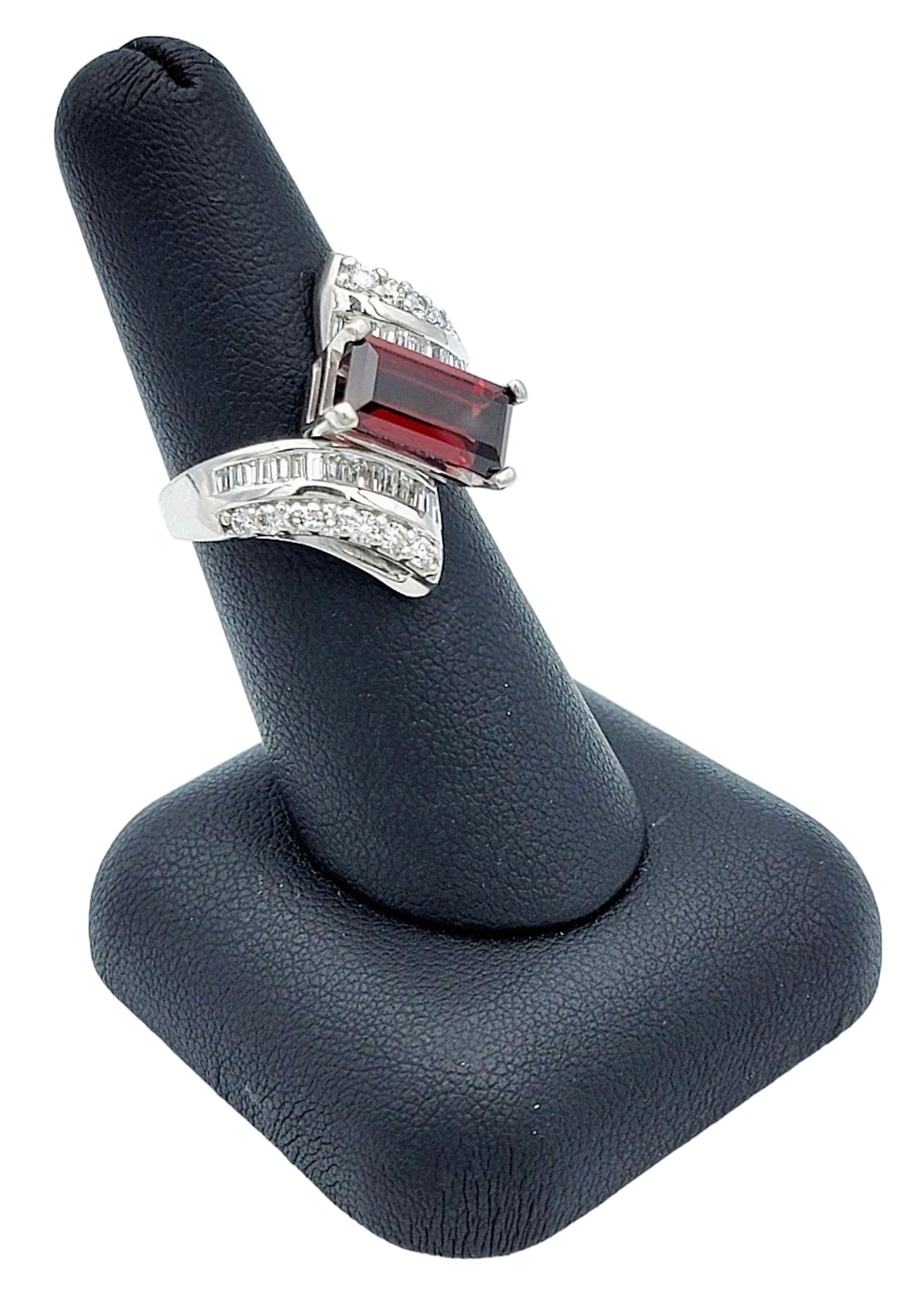 Elongated Rectangular Garnet and Diamond Bypass Ring in 14 Karat White Gold For Sale 4