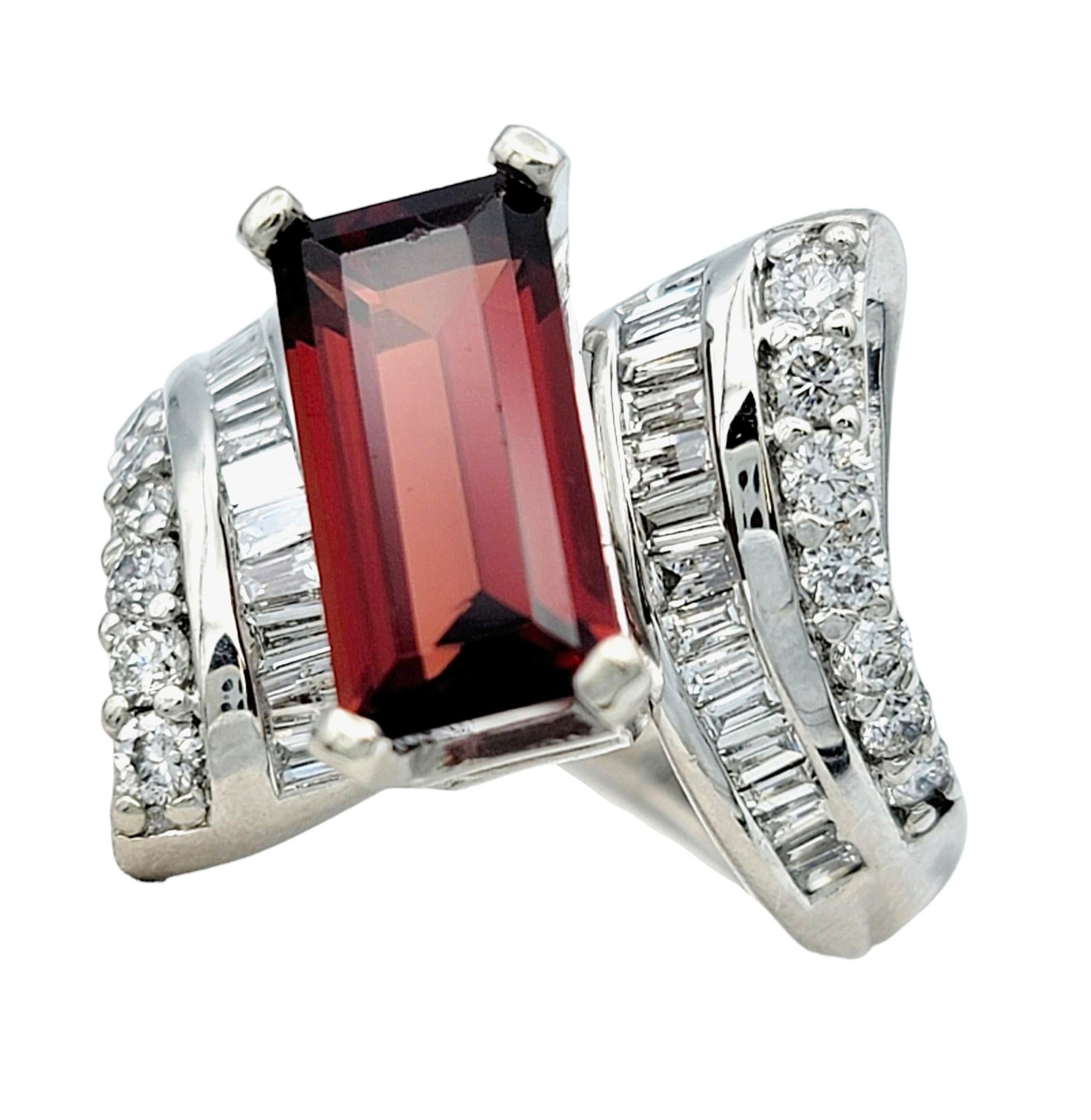 Contemporary Elongated Rectangular Garnet and Diamond Bypass Ring in 14 Karat White Gold For Sale