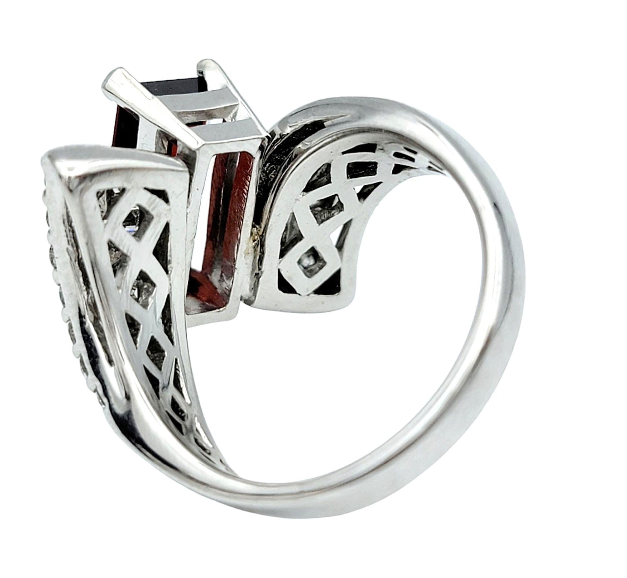 Elongated Rectangular Garnet and Diamond Bypass Ring in 14 Karat White Gold In Good Condition For Sale In Scottsdale, AZ