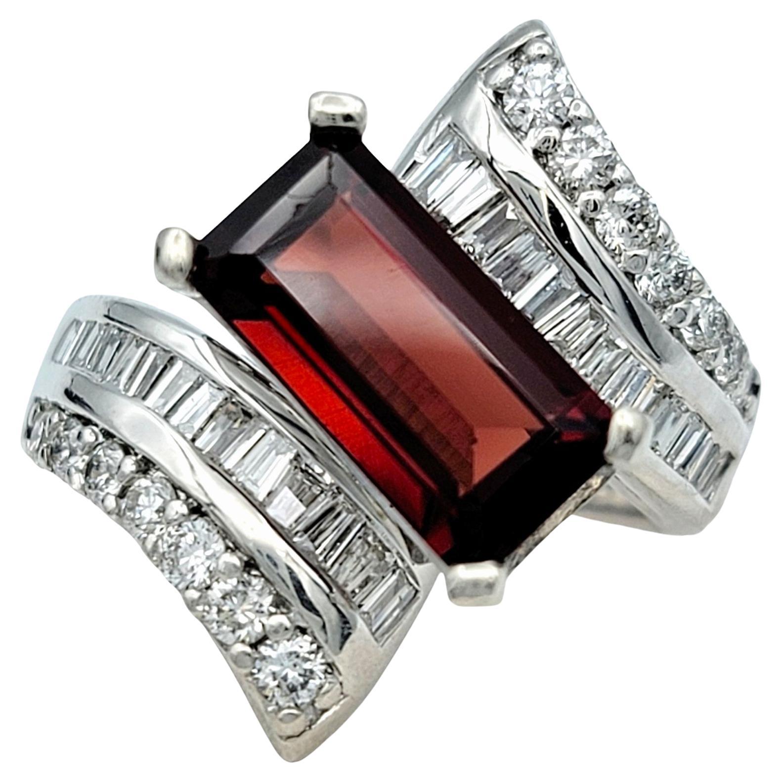 Elongated Rectangular Garnet and Diamond Bypass Ring in 14 Karat White Gold For Sale