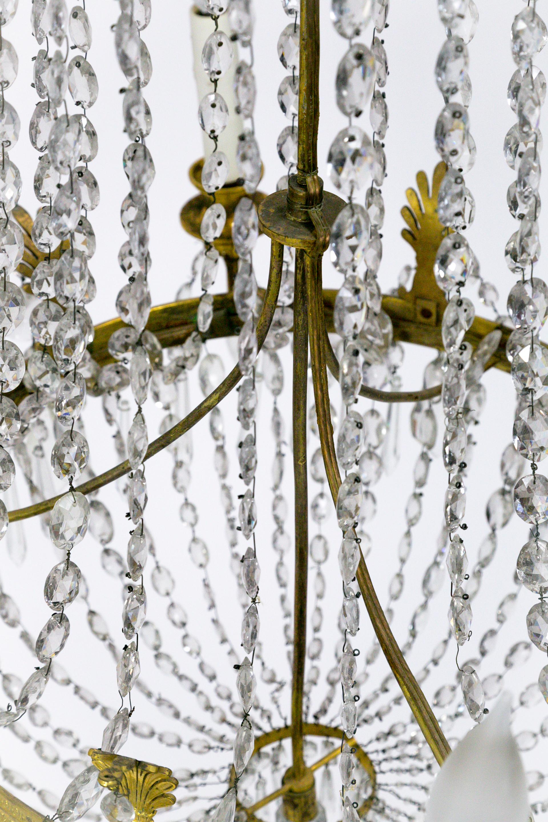 Brass Elongated Crystal Regency Tent and Bag Chandelier For Sale