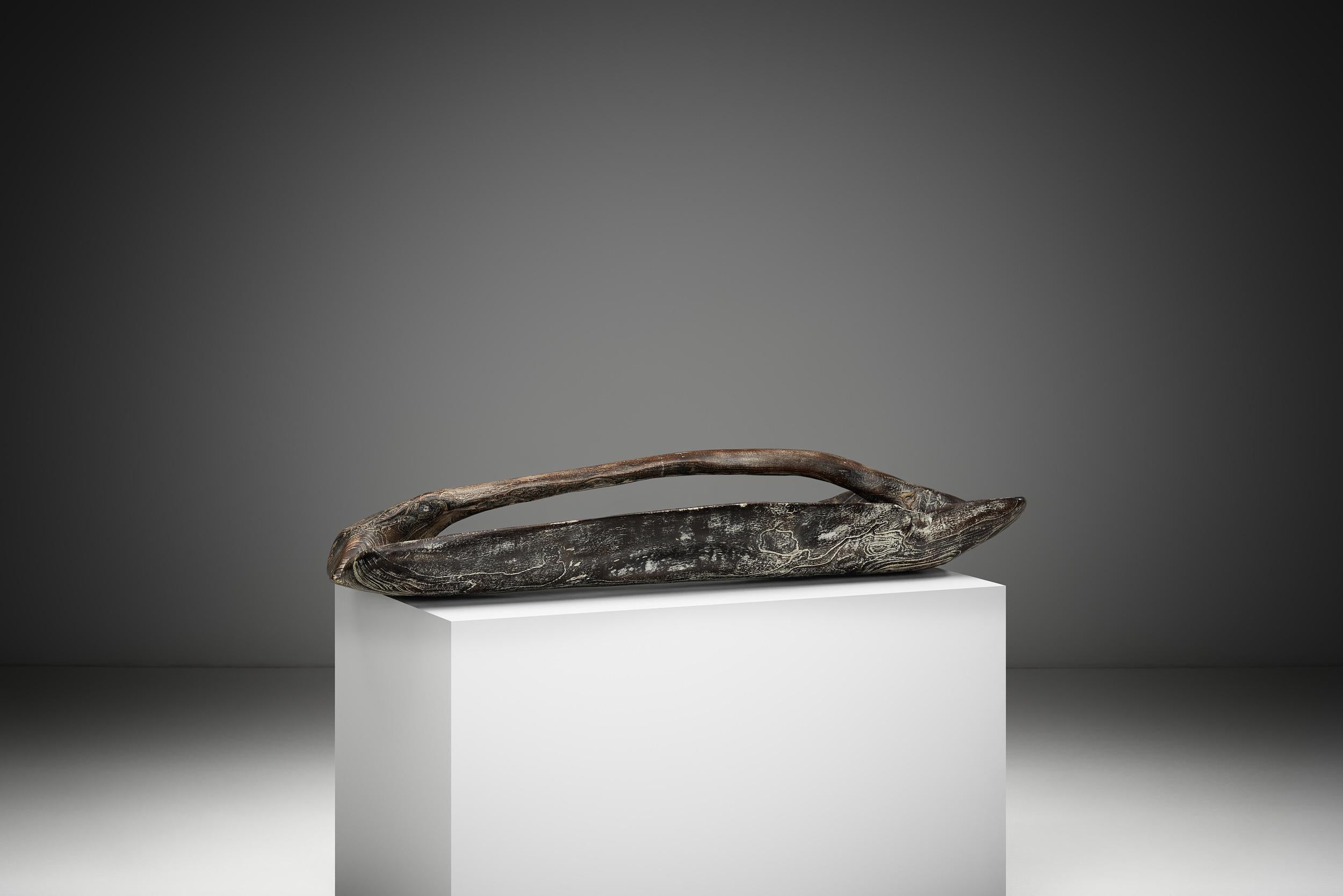 European Elongated Sculptural Wooden Bowl, Europe Second half of the 20th Century For Sale