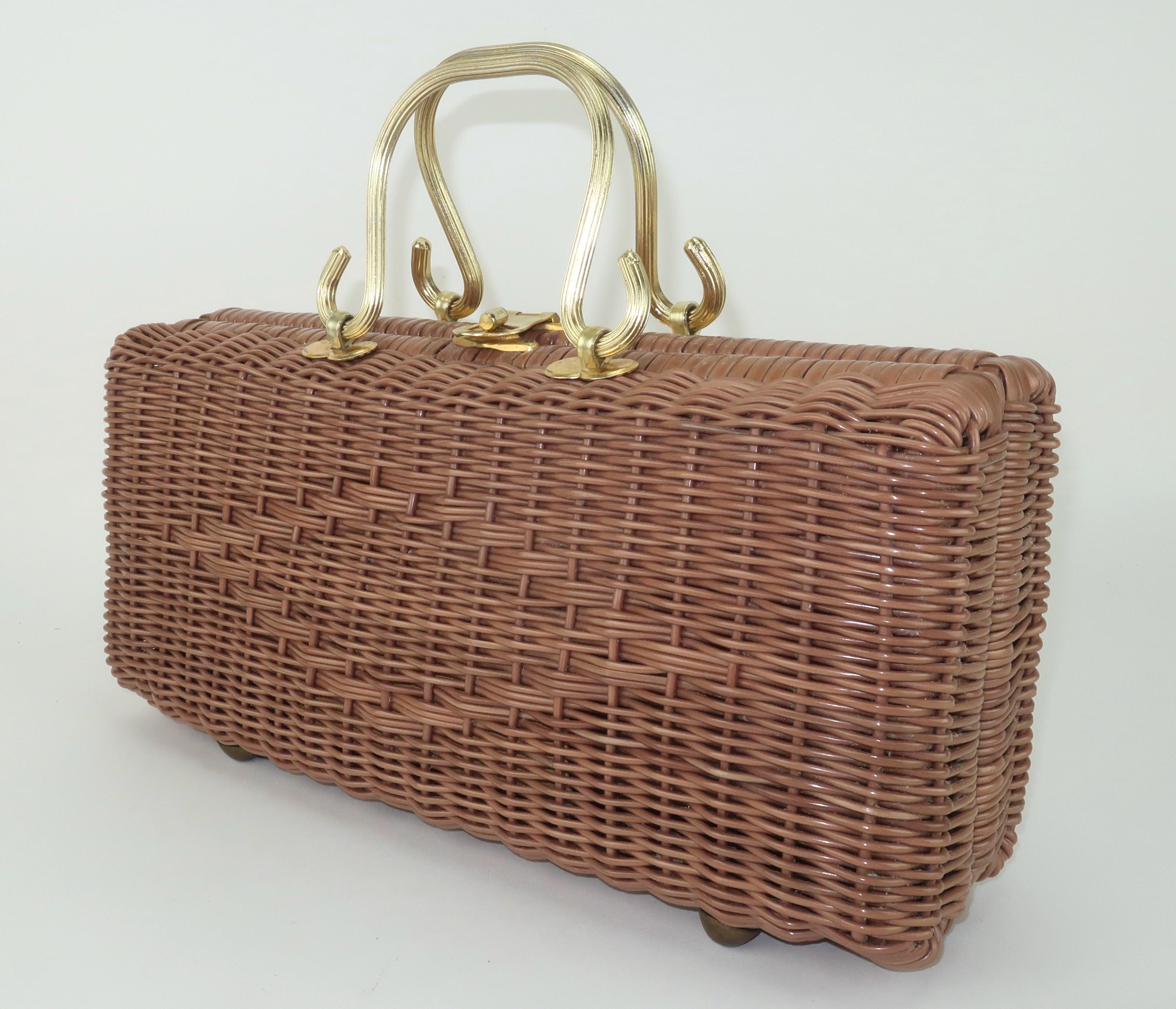 Women's Elongated Straw Handbag With Gold Handles, 1960's For Sale