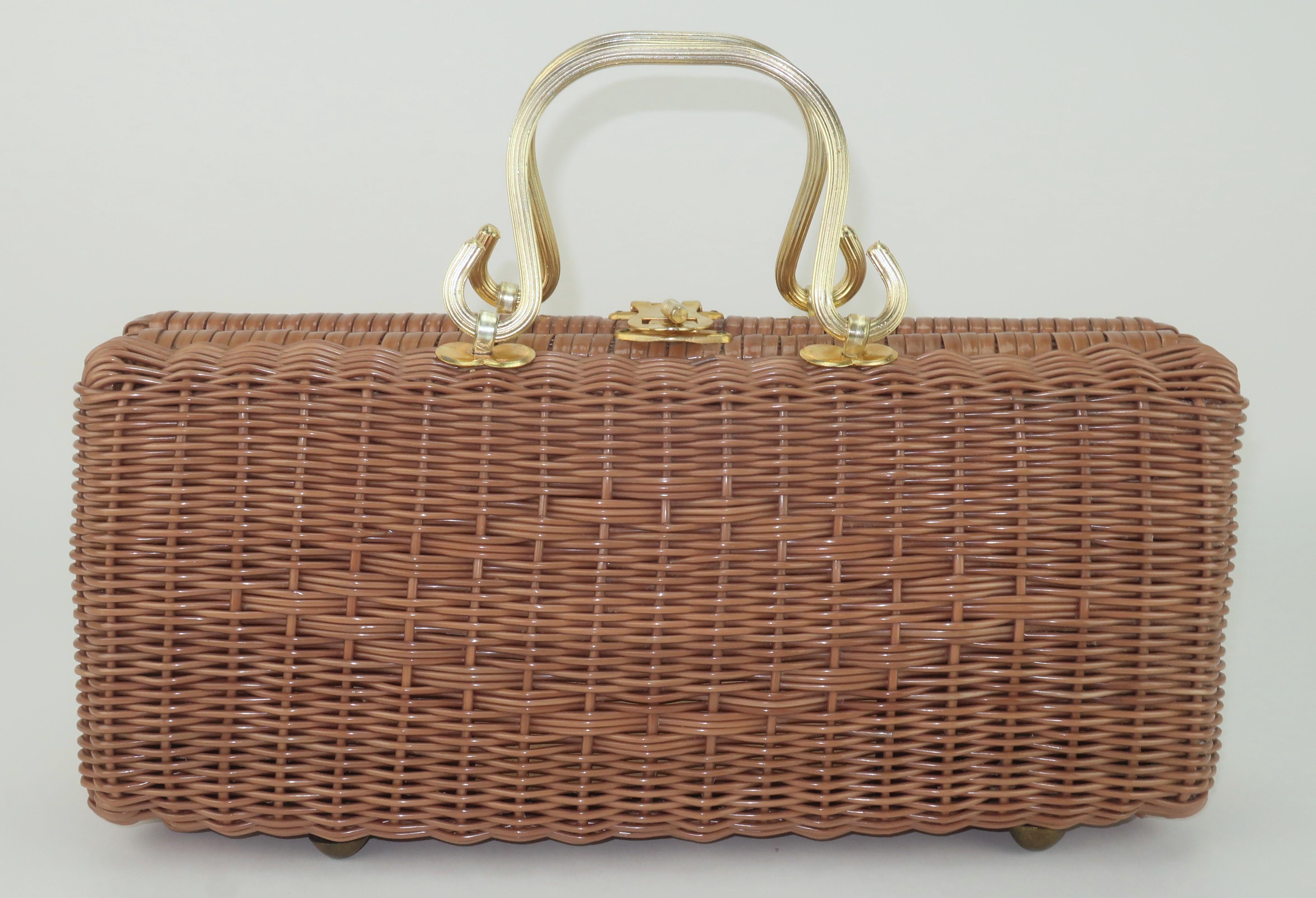 Elongated Straw Handbag With Gold Handles, 1960's For Sale 2