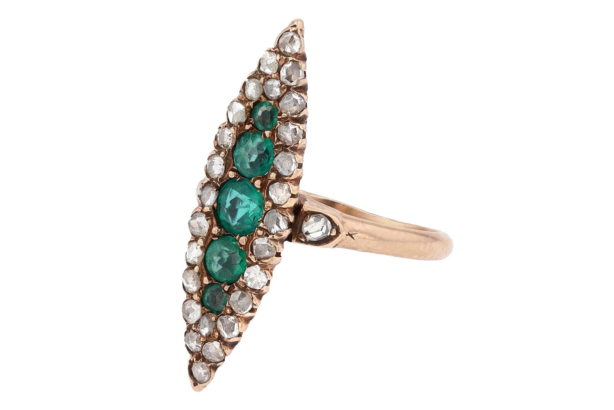 Round Cut Elongated Vintage Victorian Synthetic Emerald and Diamond Navette Ring For Sale