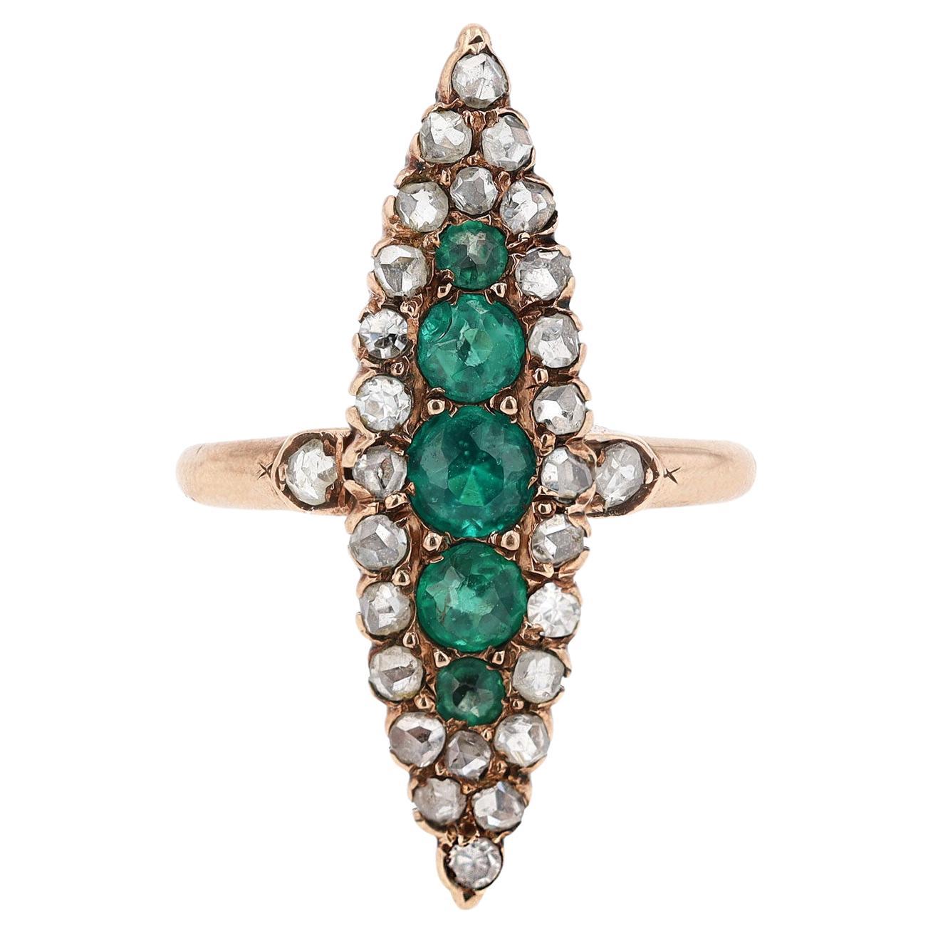 Elongated Vintage Victorian Synthetic Emerald and Diamond Navette Ring For Sale