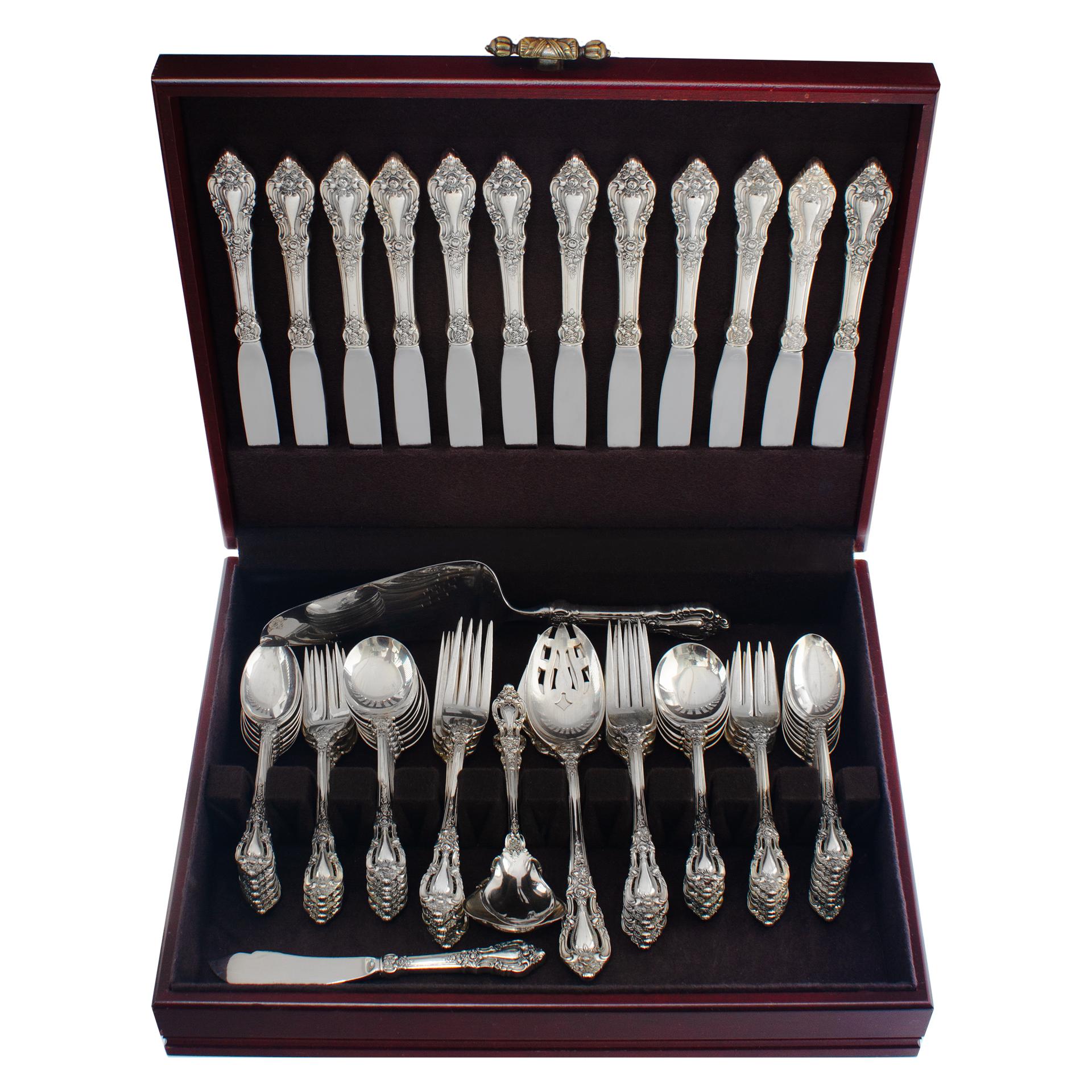 YOUR PRICE: $4,760

ELOQUENCE sterling silver flatware set patented in 1953 by Lunt. 5 Place set for 12 with 7 serving pieces. Over 2700 grams of sterling silver.

PLACE SETTING: 12 dinner knife (9