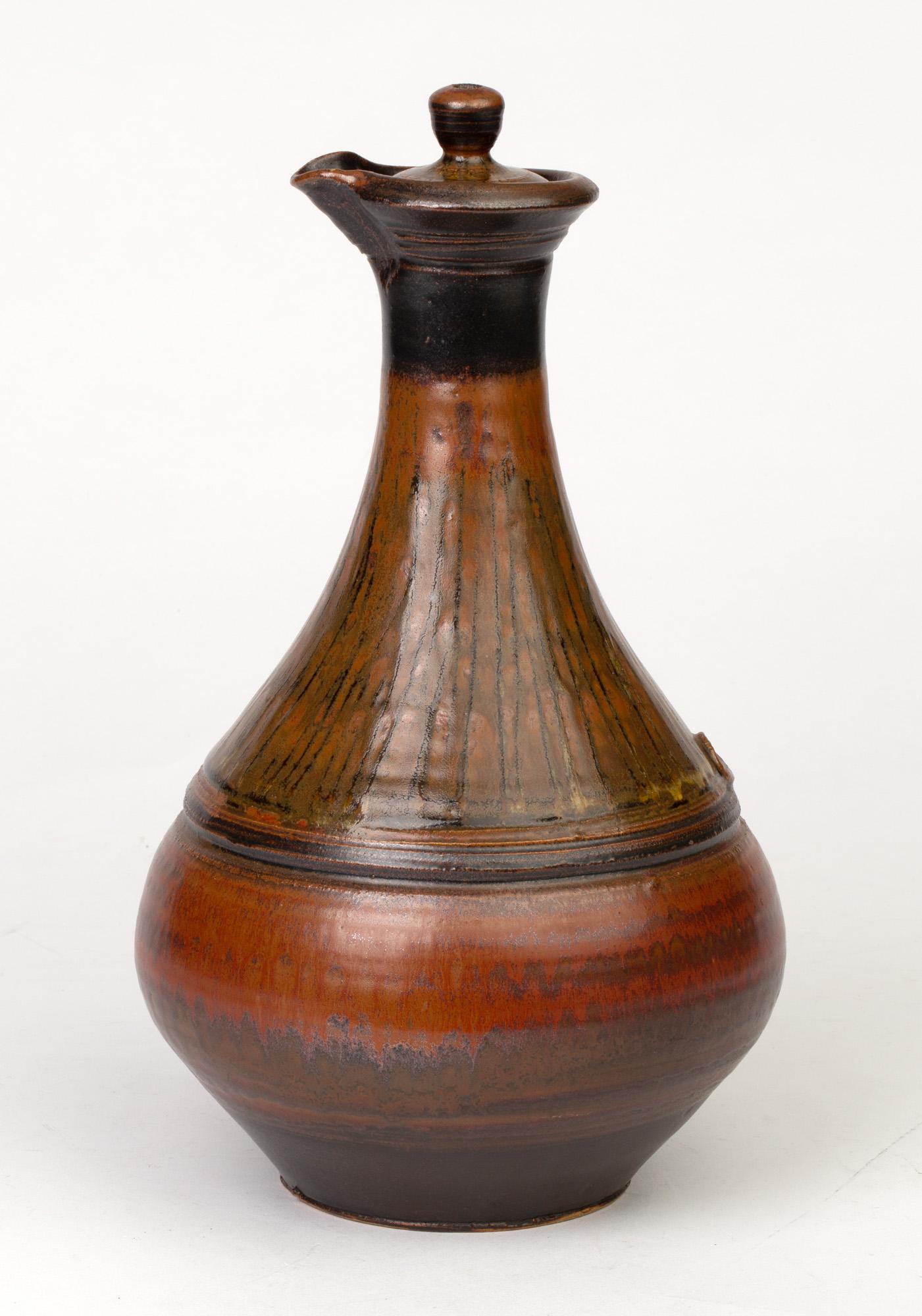 Stoneware Elsa Benattar Large Glazed Lidded Studio Pottery Bottle Shaped Ewer For Sale