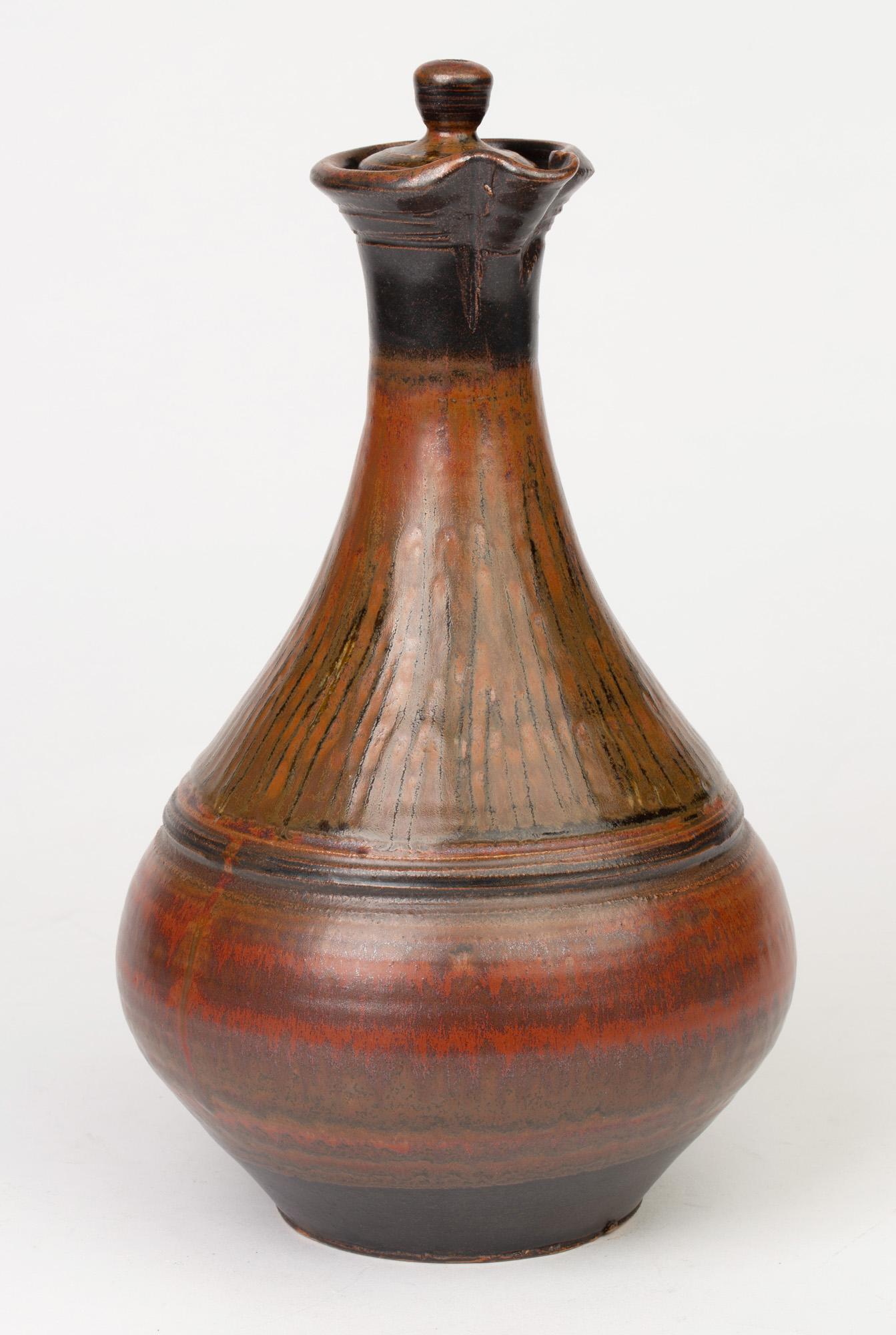 Elsa Benattar Large Glazed Lidded Studio Pottery Bottle Shaped Ewer For Sale 2