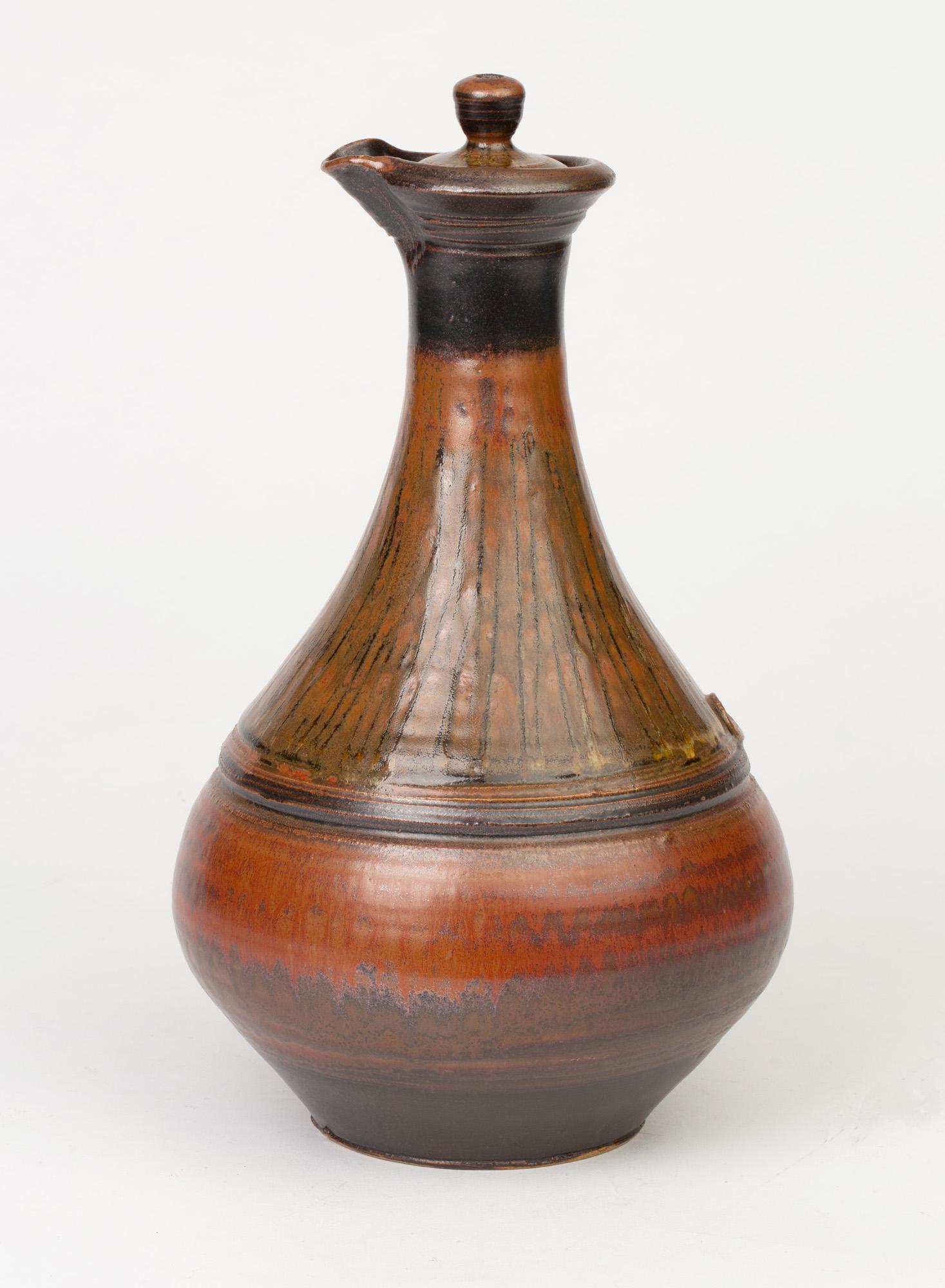 Hand-Crafted Elsa Benattar Large Glazed Lidded Studio Pottery Bottle Shaped Ewer For Sale