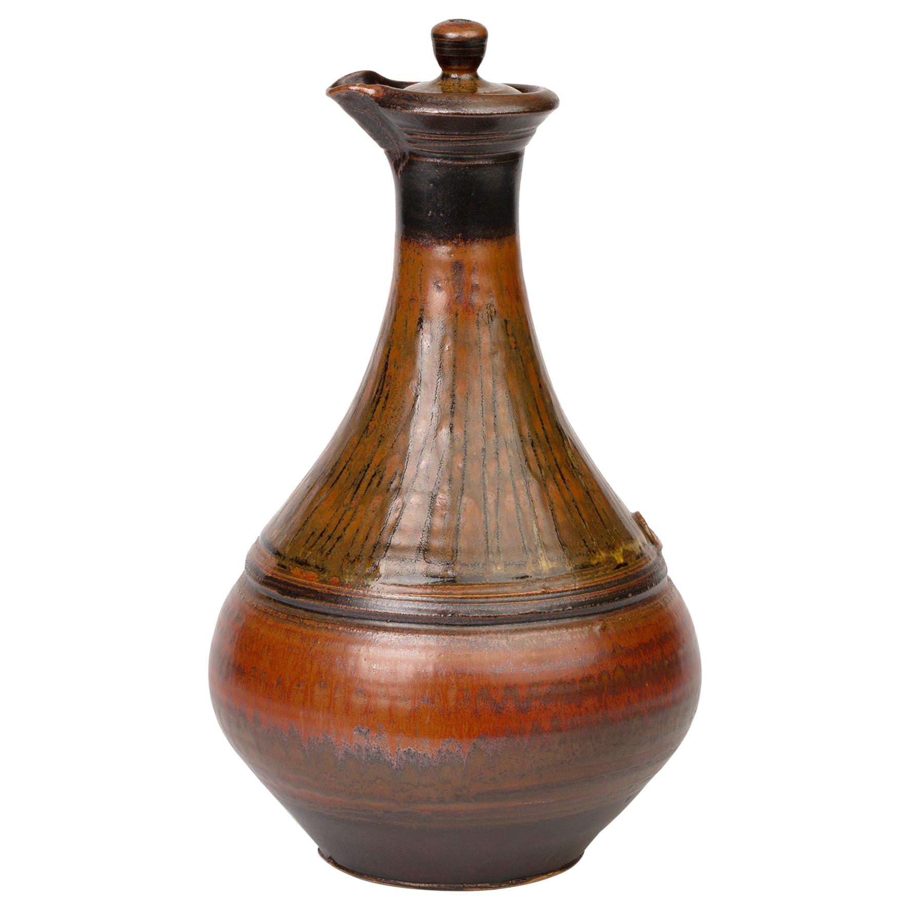 Elsa Benattar Large Glazed Lidded Studio Pottery Bottle Shaped Ewer