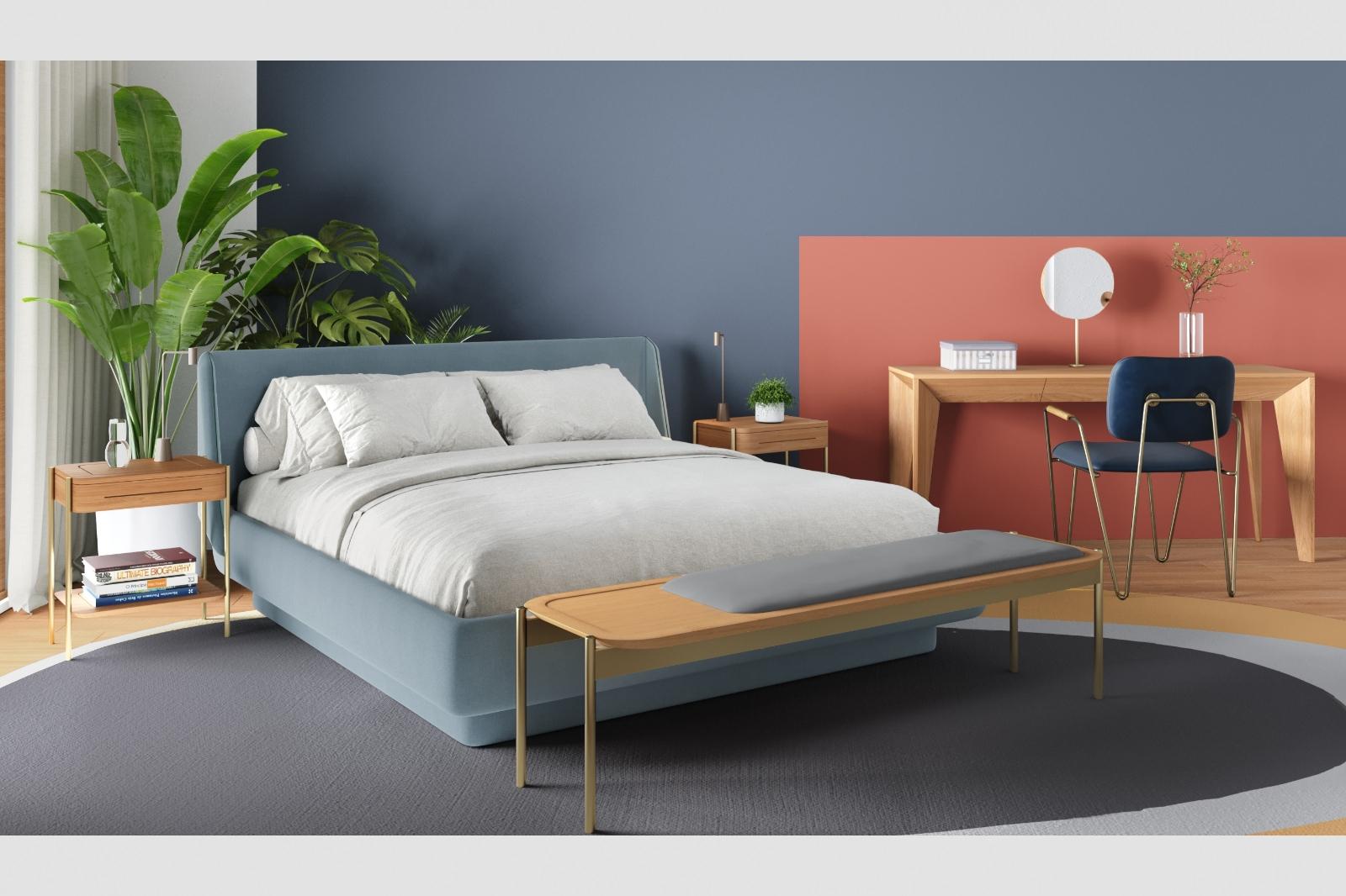 Moderne Banc « Elsa » en bois naturel, assise en tissu et base en acier peint en vente