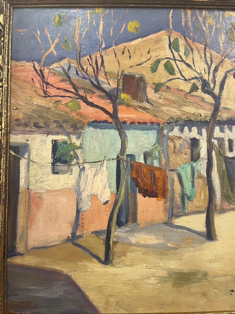 Elsa Desportes Escena de pueblo Óleo sobre tabla. La escena es de un pueblo, probablemente de los años 30 ó 40. Pintó en el Southern France, Marruecos y Argelia. Murió en 1990