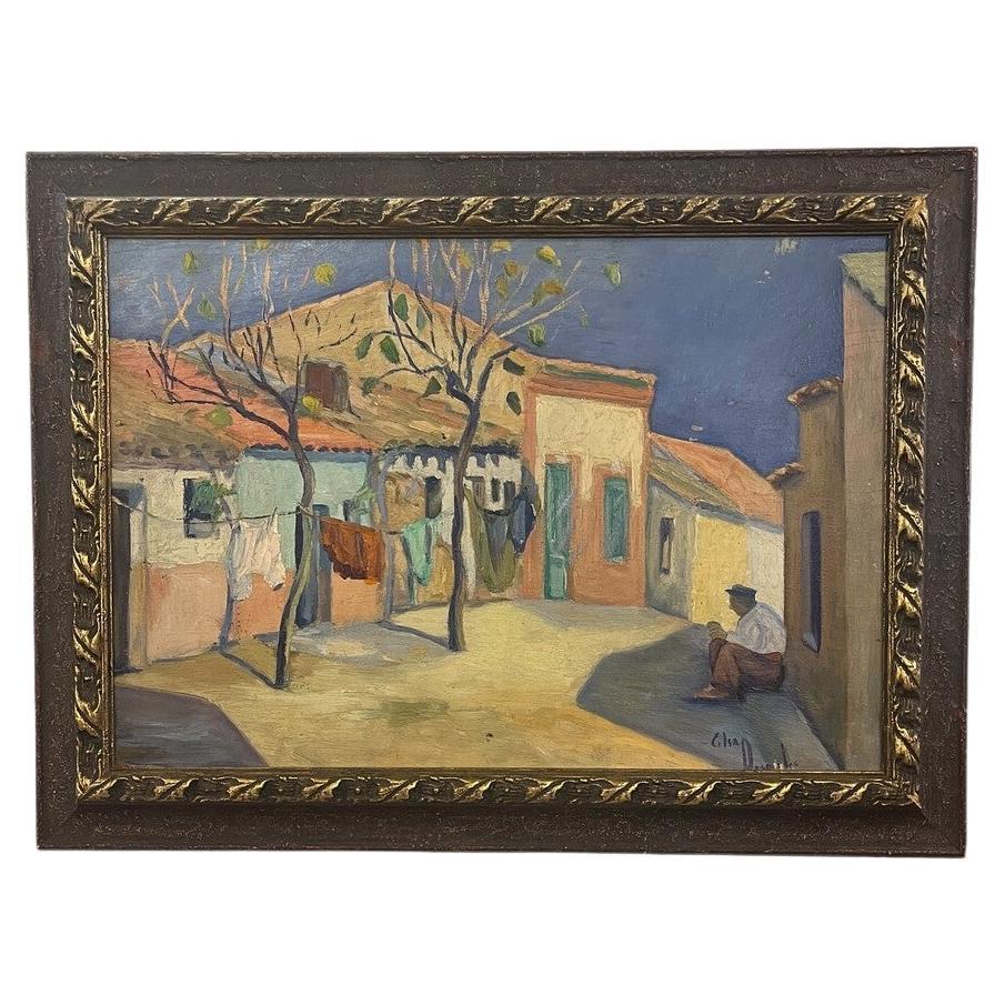 Huile sur panneau d'une scène de village d'Elsa Desportes