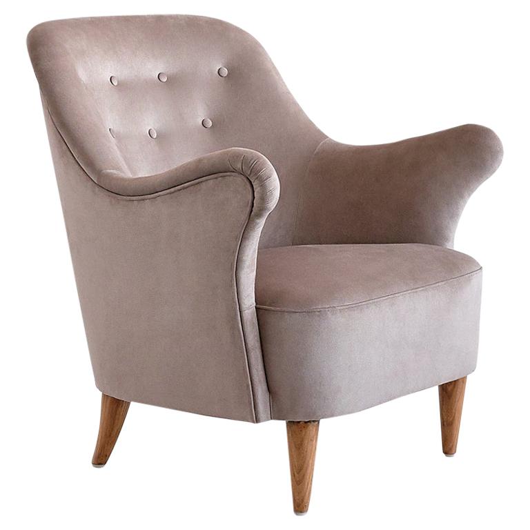 Elsa Gullberg Armchair in Taupe Velvet and Elm, Sweden, Late 1930s