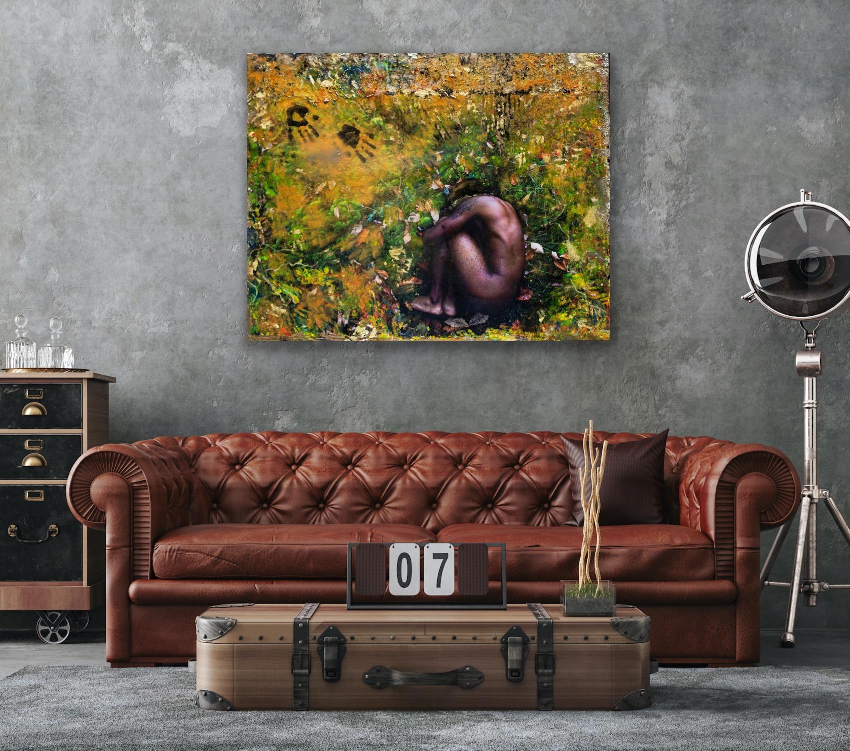 Nirvana is a digital photograph on canvas, coated in paint and resin. The figure in the image is in fetal position, contrasting societal assumptions of the black male that is typically portrayed as large, confident, aggressive and dominant. The