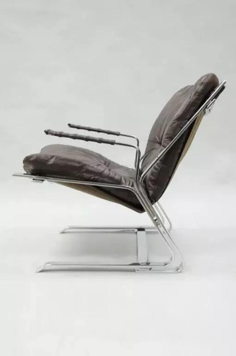 Mid-Century Modern Elsa & Nordahl Solheim for Rykkin Pirate Brown Leather & Chrome Lounge Chair For Sale