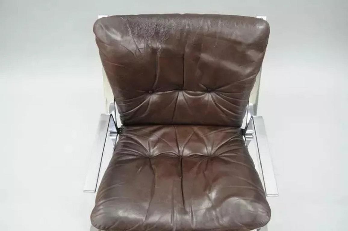20th Century Elsa & Nordahl Solheim for Rykkin Pirate Brown Leather & Chrome Lounge Chair For Sale