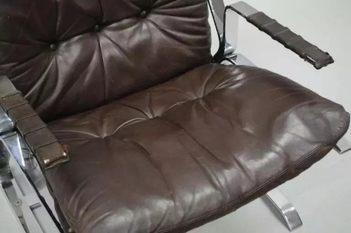 Elsa & Nordahl Solheim for Rykkin Pirate Brown Leather & Chrome Lounge Chair For Sale 2