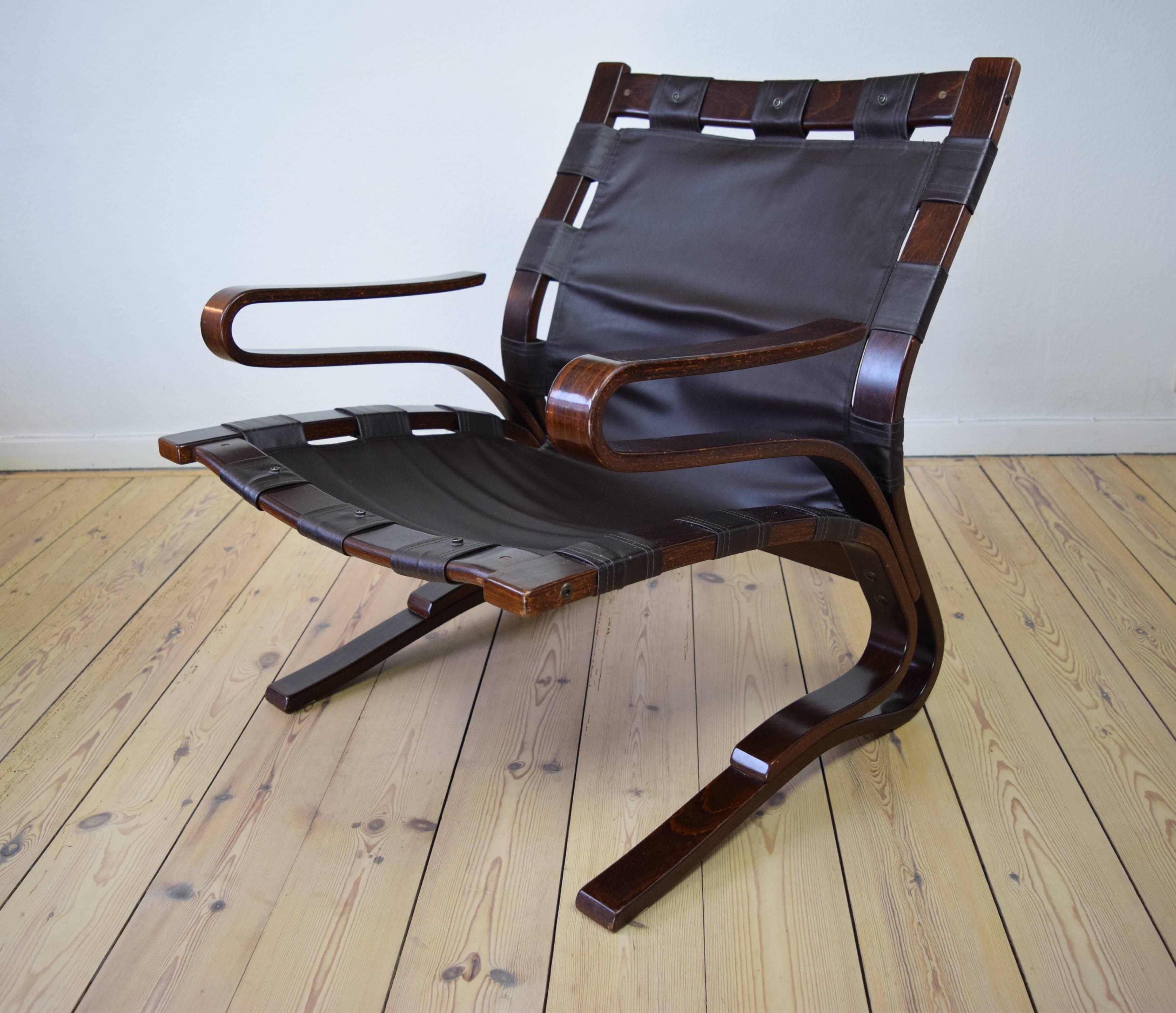 Elsa & Nordahl Solheim leather  Pirate chairs, 1973. The leather cushion rests on a heavy duty synthetic canvas which is looped and sewn over the laminated beechwood rame. From a design first shown at the Scandinavian furniture fair in Copenhagen in