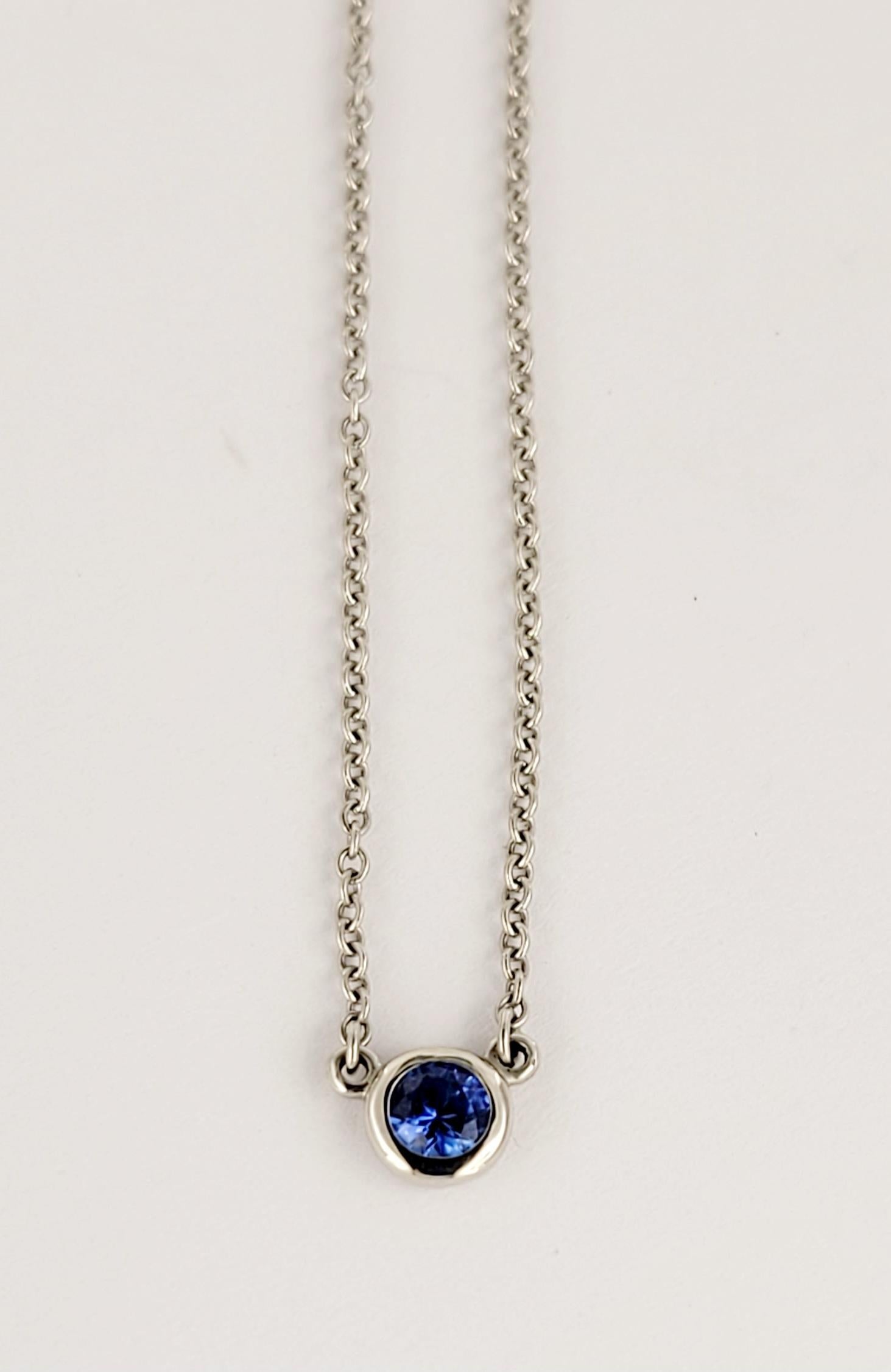 Brand Elsa Peretti for Tiffany& Co
Platinum with a Sapphire 
Chain Length 16'' Long
Sapphire .23ctw
Weight 2.6gr
Mint Condition, Like New
Comes with Tiffany& Co Pendant Box 
Retail Price $2.300