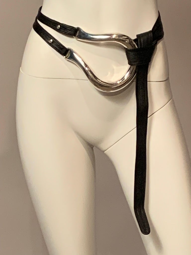 Elsa Peretti for Halston Large Horseshoe Buckle Black Leather Belt