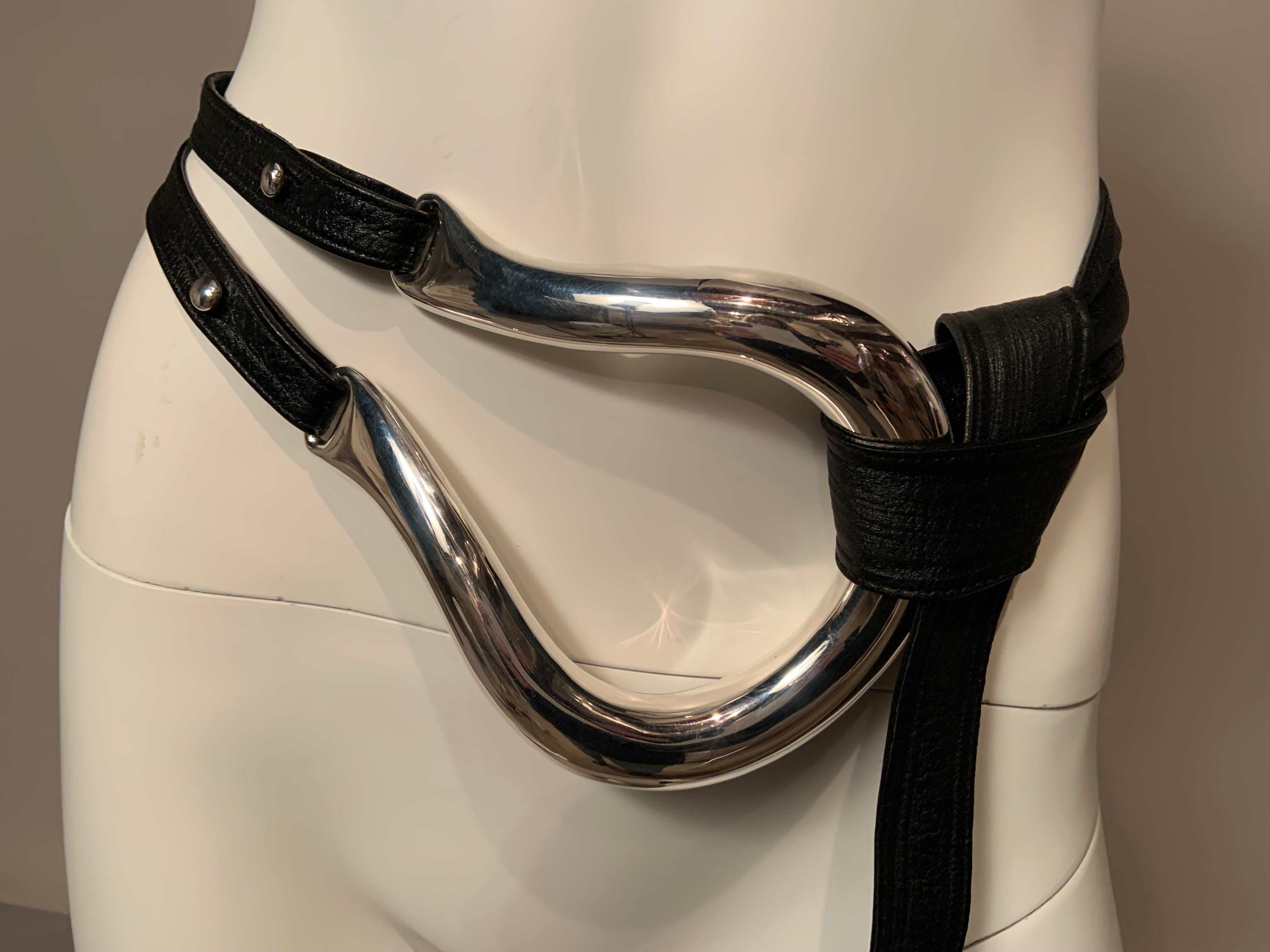 Elsa Peretti for Halston Large Horseshoe Buckle & Black Leather Belt 1
