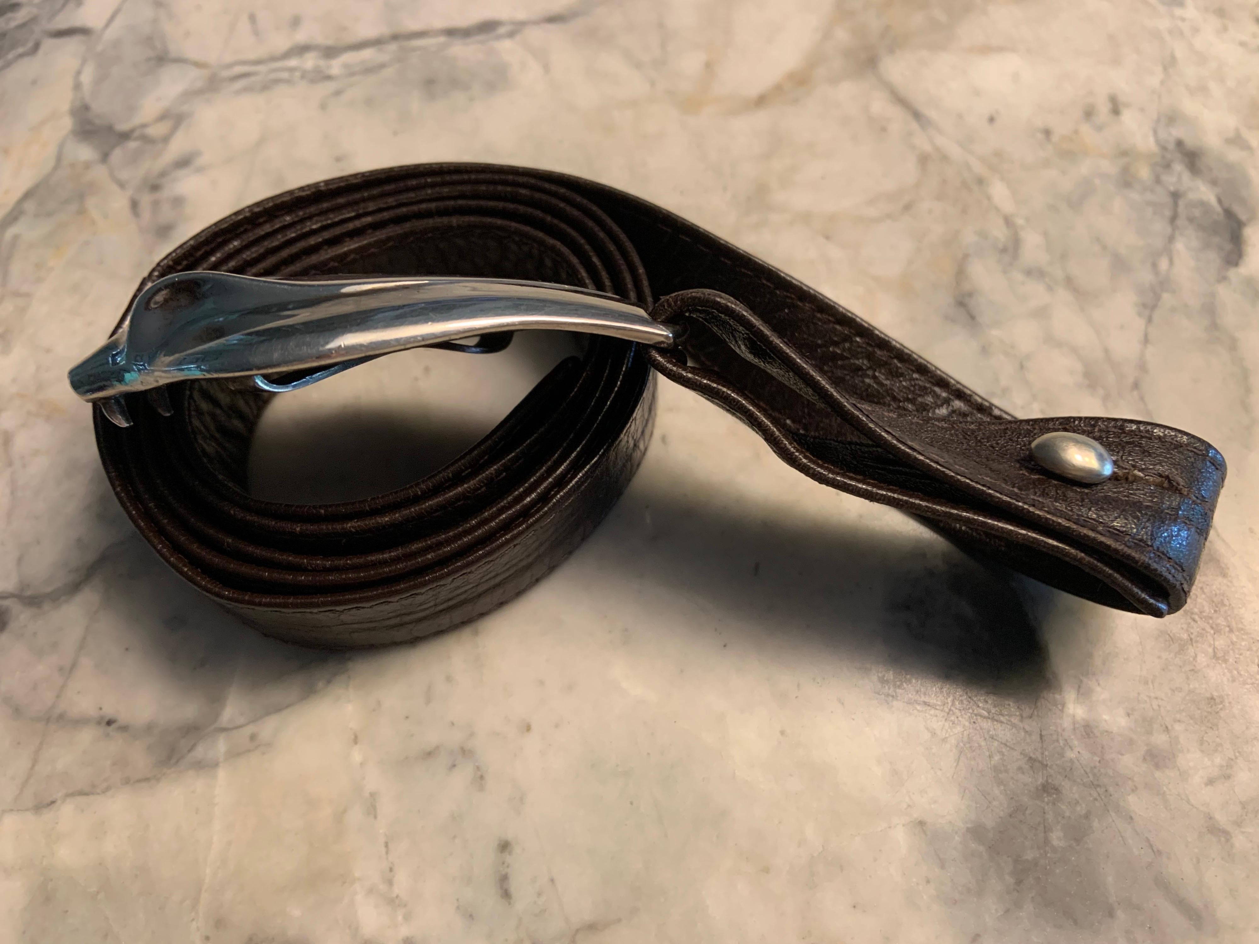 Black Elsa Peretti for Halston pre Tiffany Snake Head Buckle and Brown Leather Strap