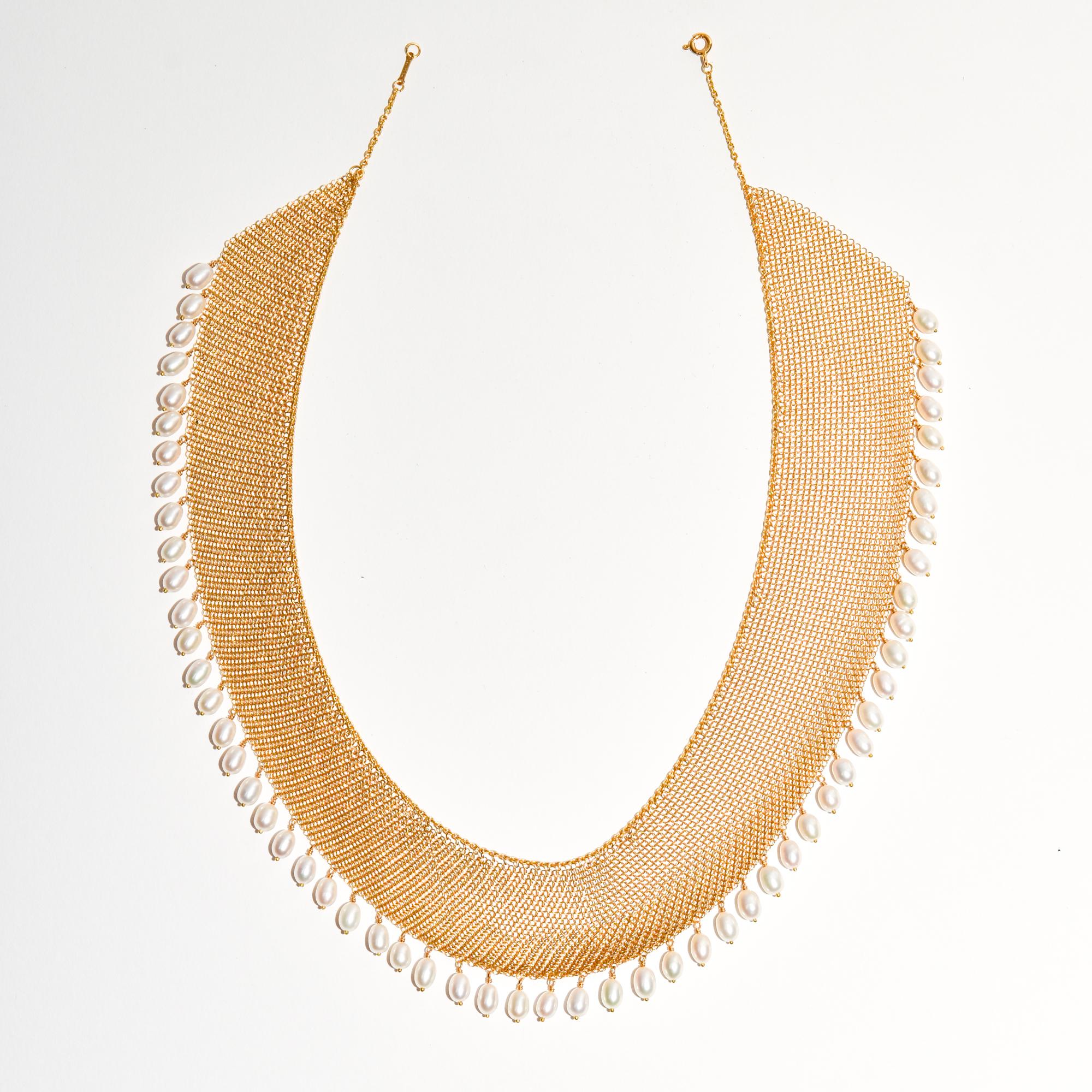 Elsa Peretti For Tiffany 18K Yellow Gold Mesh Pearl Bib Necklace 5
